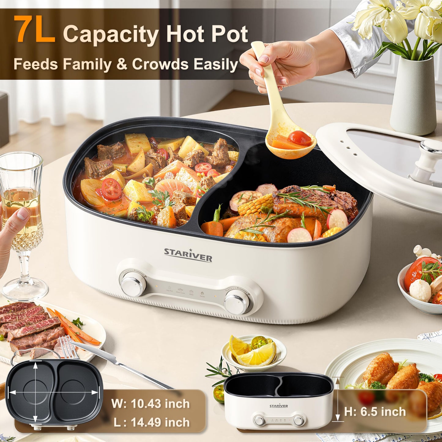 Stariver Hot Pot Electric with Divider, 7L Shabu Shabu Pot, 2-Temp Control (Separate Settings per Side) Non-Stick Hotpot Pot Electric, Perfect for Family Dinners & Parties