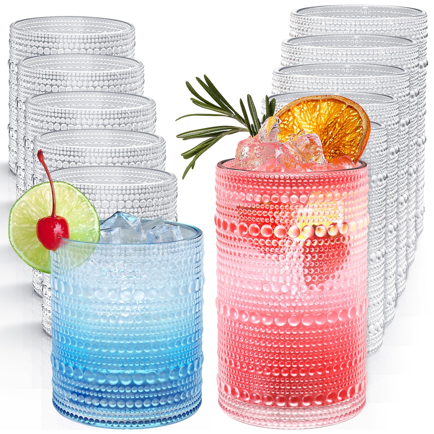 Vintage Hobnail Drinking Glasses Set of 12, 12 oz Highball Glasses & 10 oz Cocktail Glasses, Embossed Glass Cups, Clear Water Glasses Kitchen Bar Glassware Set for Beer, Juice, Cocktail, Whiskey