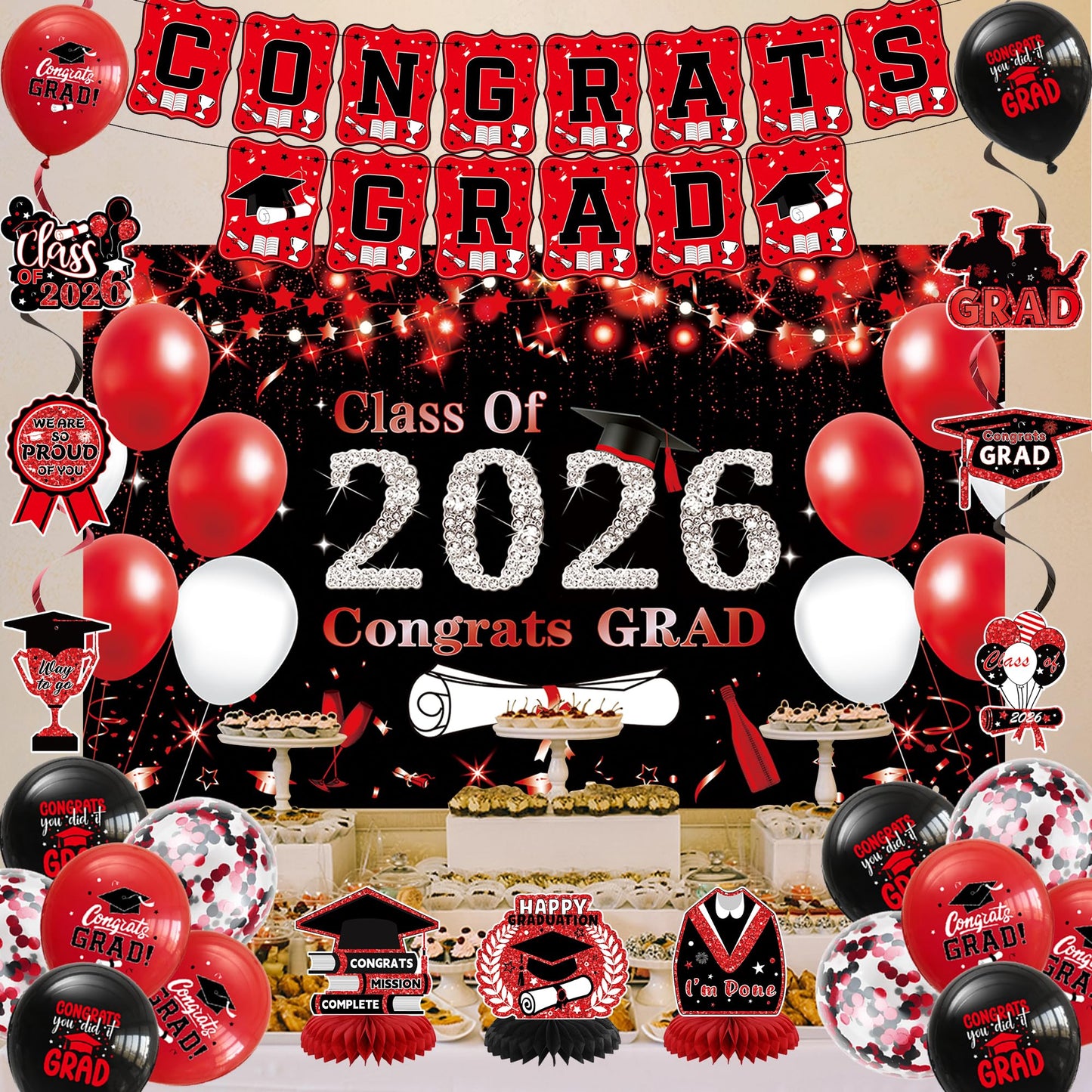 DARUNAXY Black Red Graduation Party Decorations, Red Class of 2026 Graduation Banner, 2026 Congrats Grad Honeycomb Hanging Swirl Confetti Balloon Congratulations Graduates Party Supplies(25PC)