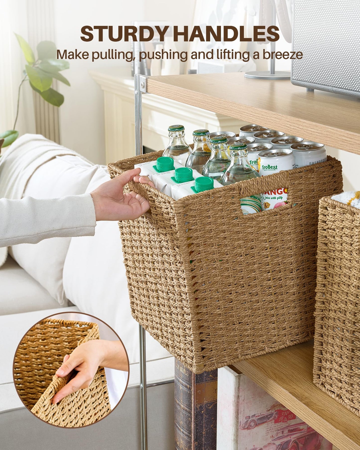 Paper Woven Foldable Storage Baskets 4 Pack, 11 Inch Cube Storage Bins, Handmade Paper Material Collapsible Organizer for Shelves & Home Organization, Ideal for Clothes Books Toys Snacks (Natural)