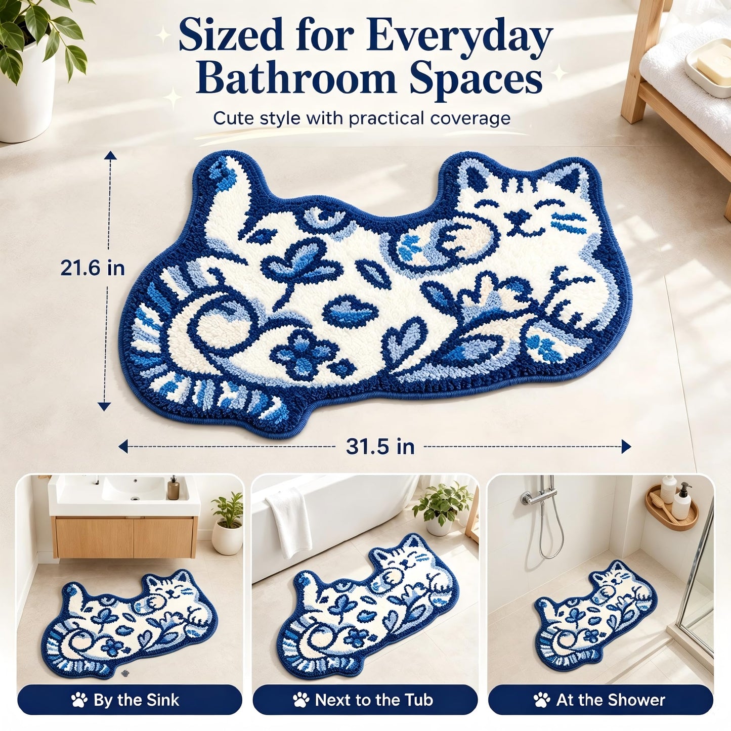 Softania Cute Cat Bath Mat - Fun Bathroom Rug for Cat Lovers, Cute Bathroom Decor, Soft Absorbent Microfiber Bath Rug, Machine Washable Funny Bath Mat with Non Slip Rubber Backing (31.5" x 21.6")