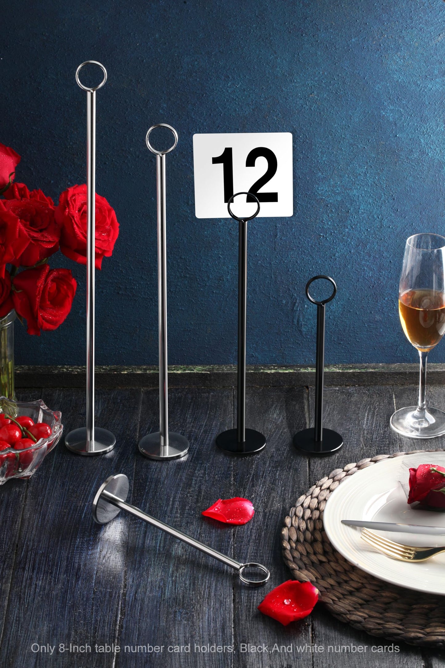 New Star Foodservice Ring Clip Table Number Card Holders with Number Cards 1 to 25, Set of 12, 8-Inch, Black Stand, Stainless Steel