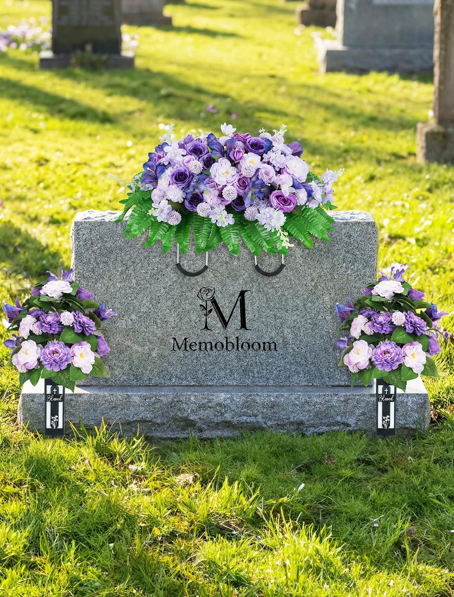 Memobloom Cemetery Flower Saddles for Headstones: Purple Flowers Artificial Outdoors Grave Decorations Summer Memorial Day - Fake Rose Camellia Tombstone Flowers Saddle for Cemetery Gravestone