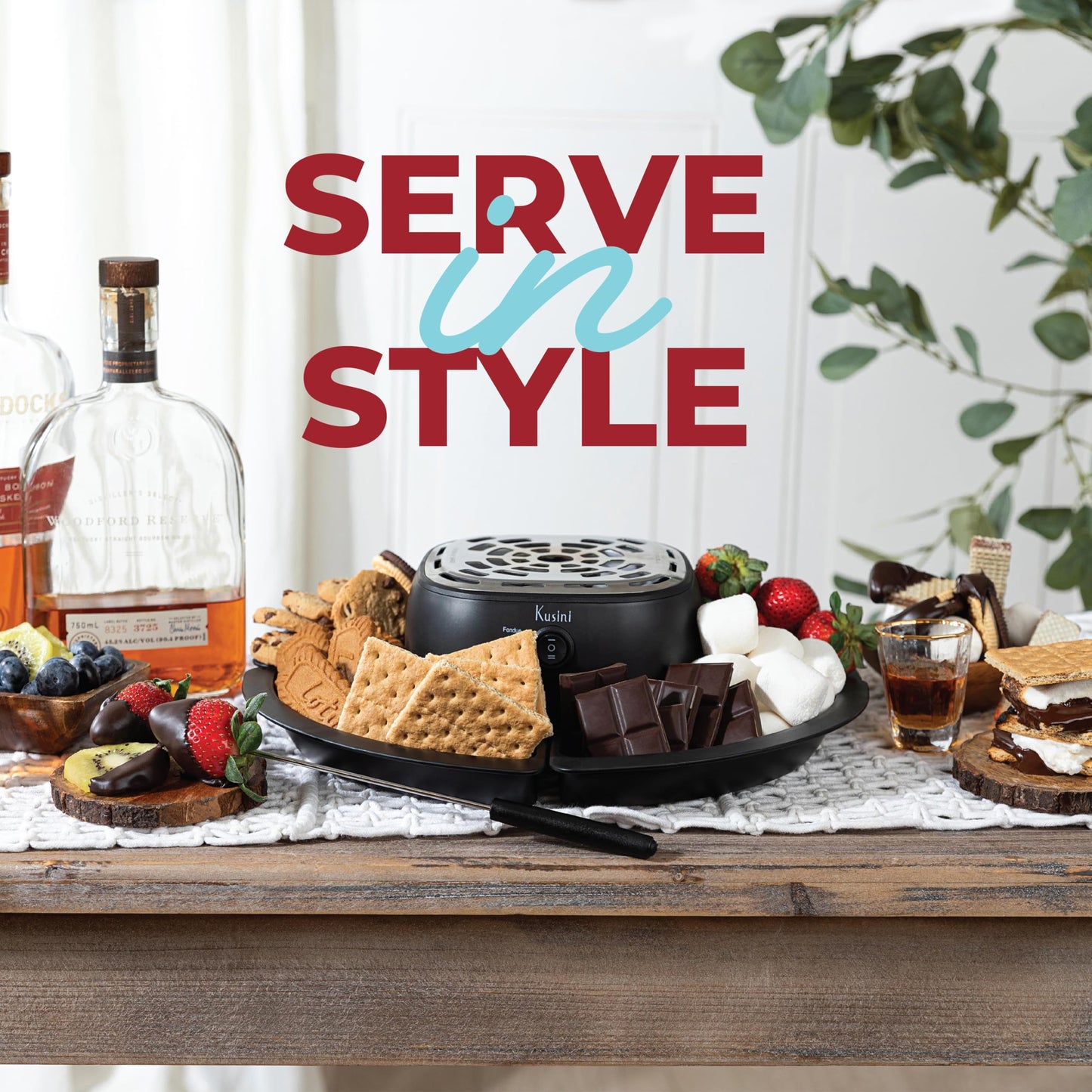 Kusini 2 in 1 Electric Fondue Set & Smores Maker Tabletop Indoor Kit with Removable Trays & 4 Skewers – Smores Station Chocolate Melting Pot - Unique Couple Gift Set Idea, Date & Movie Night Supplies