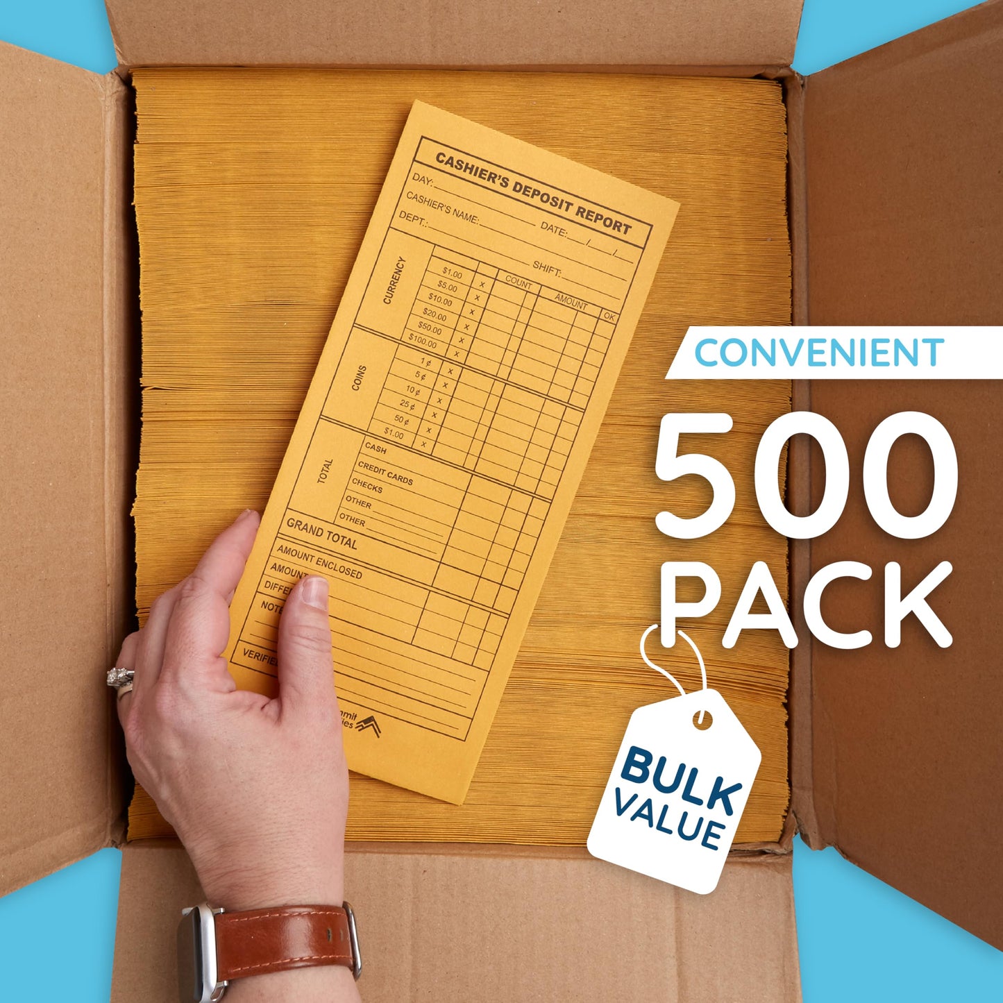 Blue Summit 500 Cash Deposit Envelopes, Cashier Deposit Envelopes for Small Business Money Drops, Retailers and Restaurants to Drop Cash Deposits with Banks, 24lb Brown Kraft, 500 Pack