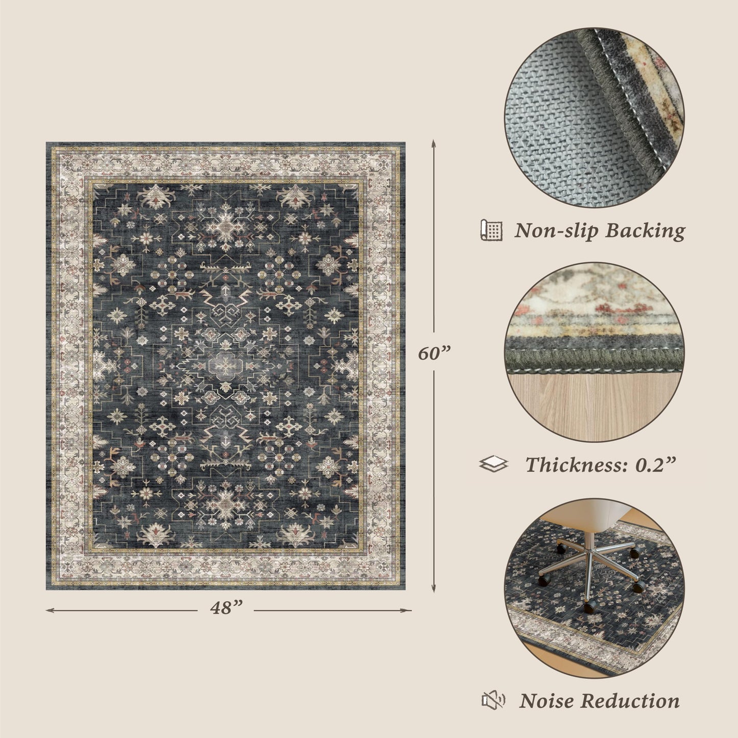 4x5 Black Boho Office Chair Mat for Hardwood & Tile Floor, Floor Protector for Heavy Duty Office Chair, Low Pile & Ultra Soft Under Desk Carpet, Non Slip Rubber Backing, Machine Washable Area Rug