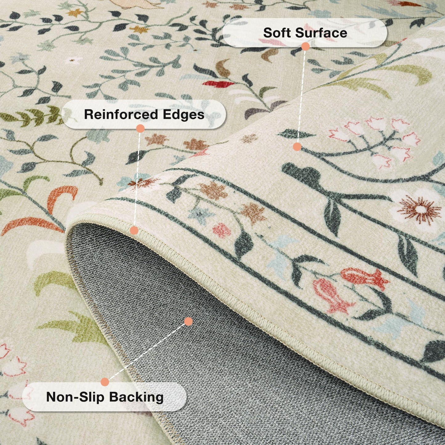 5x7 Area Rugs Washable Rug: Lagre Boho Living Room Rug Soft Non-Slip Thin Carpet Indoor Floor Non-Shedding Neutral Floral Carpets for Bedroom Dining Room Farmhouse Nursery Beige Animal