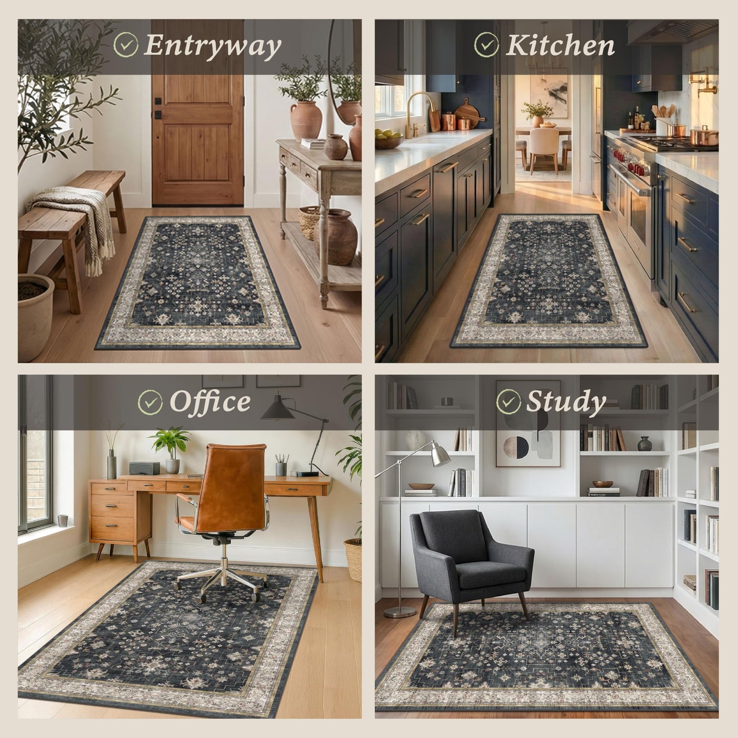 4x5 Black Boho Office Chair Mat for Hardwood & Tile Floor, Floor Protector for Heavy Duty Office Chair, Low Pile & Ultra Soft Under Desk Carpet, Non Slip Rubber Backing, Machine Washable Area Rug