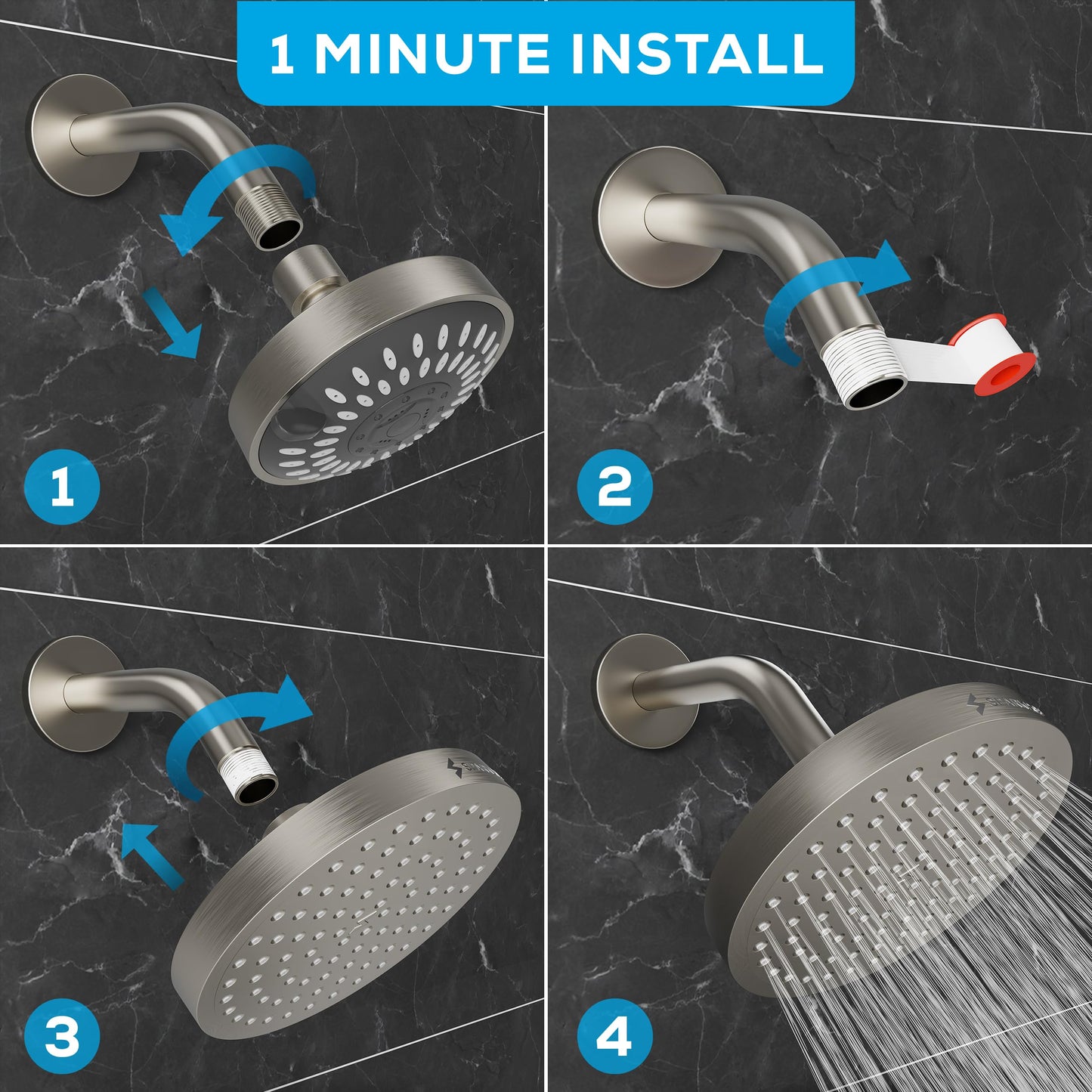 SparkPod Shower Head - High Pressure Rain - Premium Quality Luxury Design - Easy Clean Adjustable Replacement for Your Bathroom Shower Heads (Elegant Brushed Nickel, 6 Inch Round)