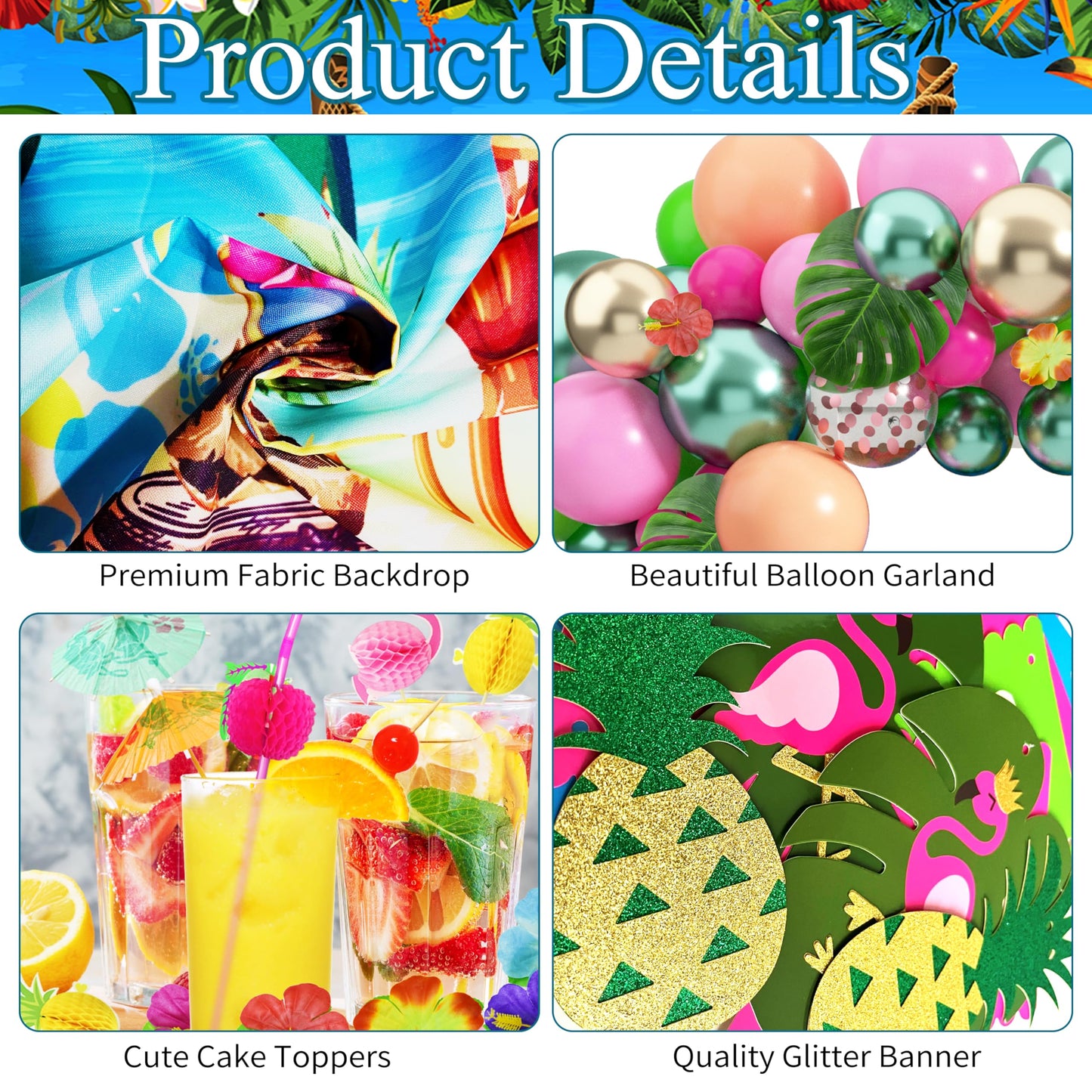 Luau Birthday Party Decorations Hawaiian Party Decorations 169 Pcs Tropical Aloha Party Supplies for Summer Beach Holiday Including Balloon Arch Kit Backdrop Table Skirt Banner Cake Toppers Straws