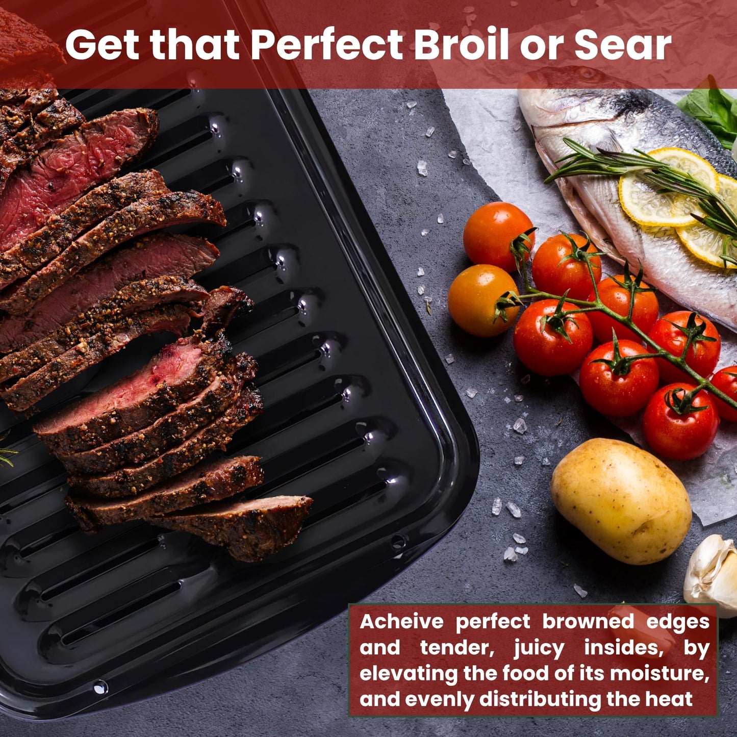 Broiler Pan for Oven Nonstick 16.75” x 13” Ceramic Coated - Broiling Pan for Oven Withstands Heat up to 550° F - Heavy Duty Broil Pans and Rack Circulate Heat and Drain Fat (Black)