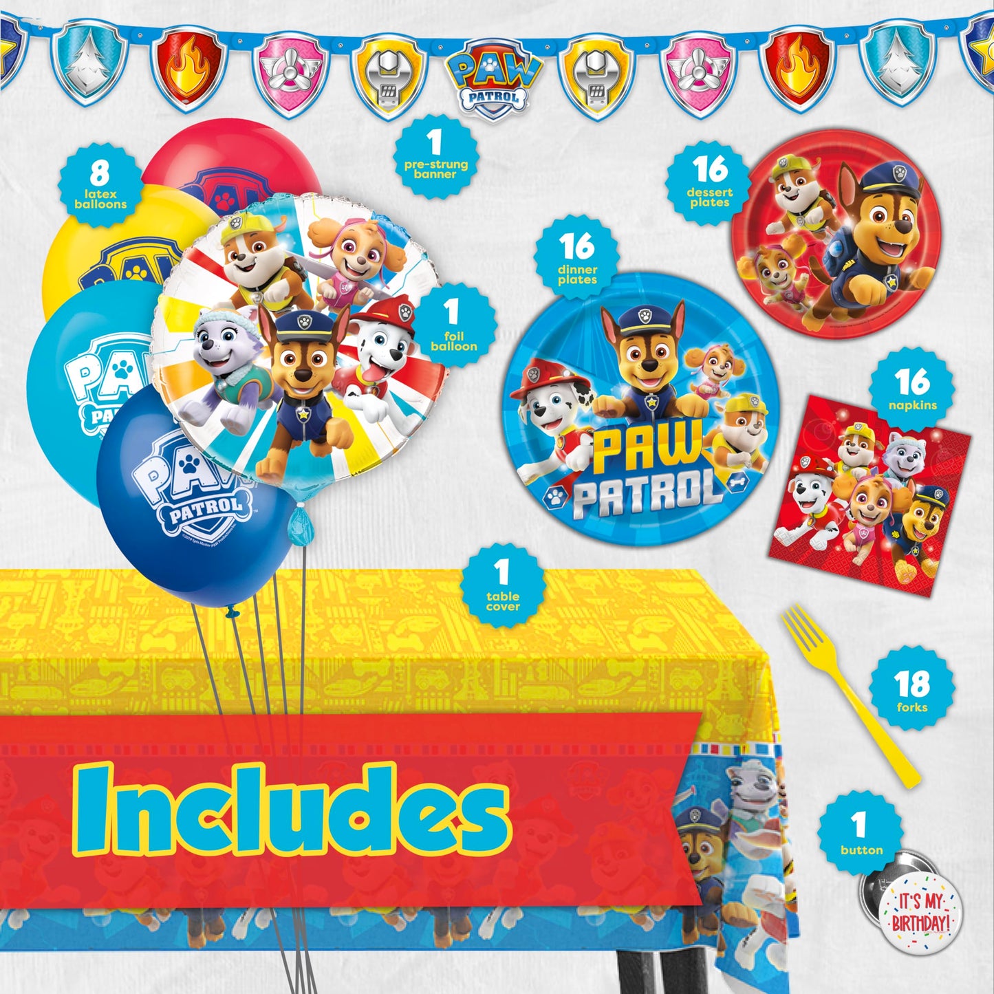 Paw Patrol Birthday Decorations | Serves 16 Guests | Paw Patrol Party Supplies | Balloons, Banner, Tablecloth, Dinner & Cake Plates, Napkins, Button