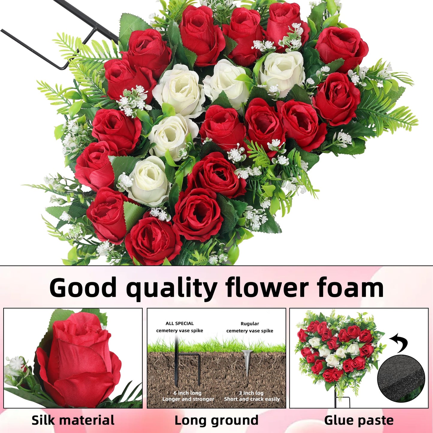 Lodou 2 Sets Artificial Cemetery Flowers, Grave Memorial Flowers with Ground Spike,Heart Shaped Wreaths Rose Flowers for Artificial Rose Decoration for Cemetery Headstones Gravesites (red)