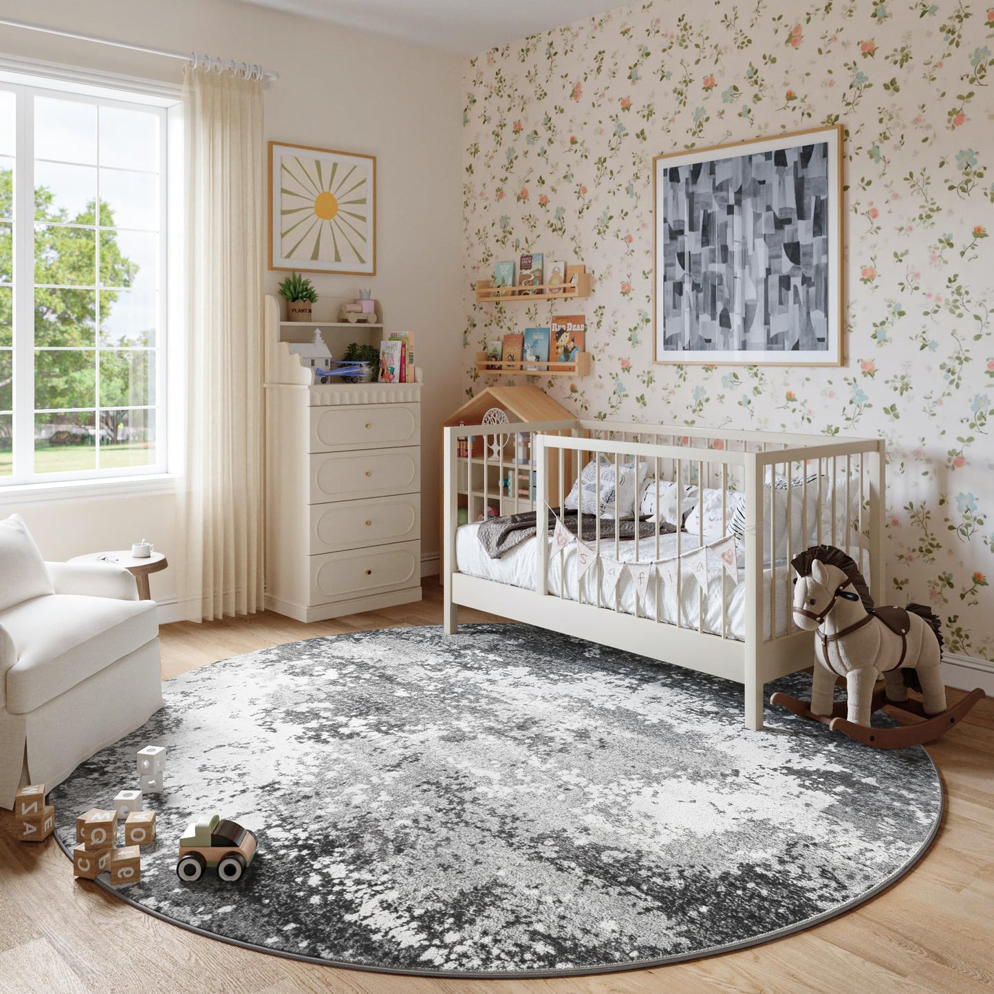 Round Area Rugs 6ft Washable Grey Circle Rug for Entryway Kitchen, Non Slip Soft Low Pile Stain Resistant, Boho Circular Carpet for Living Room Bedroom Dorm Dining Room Table, Abstract Gray