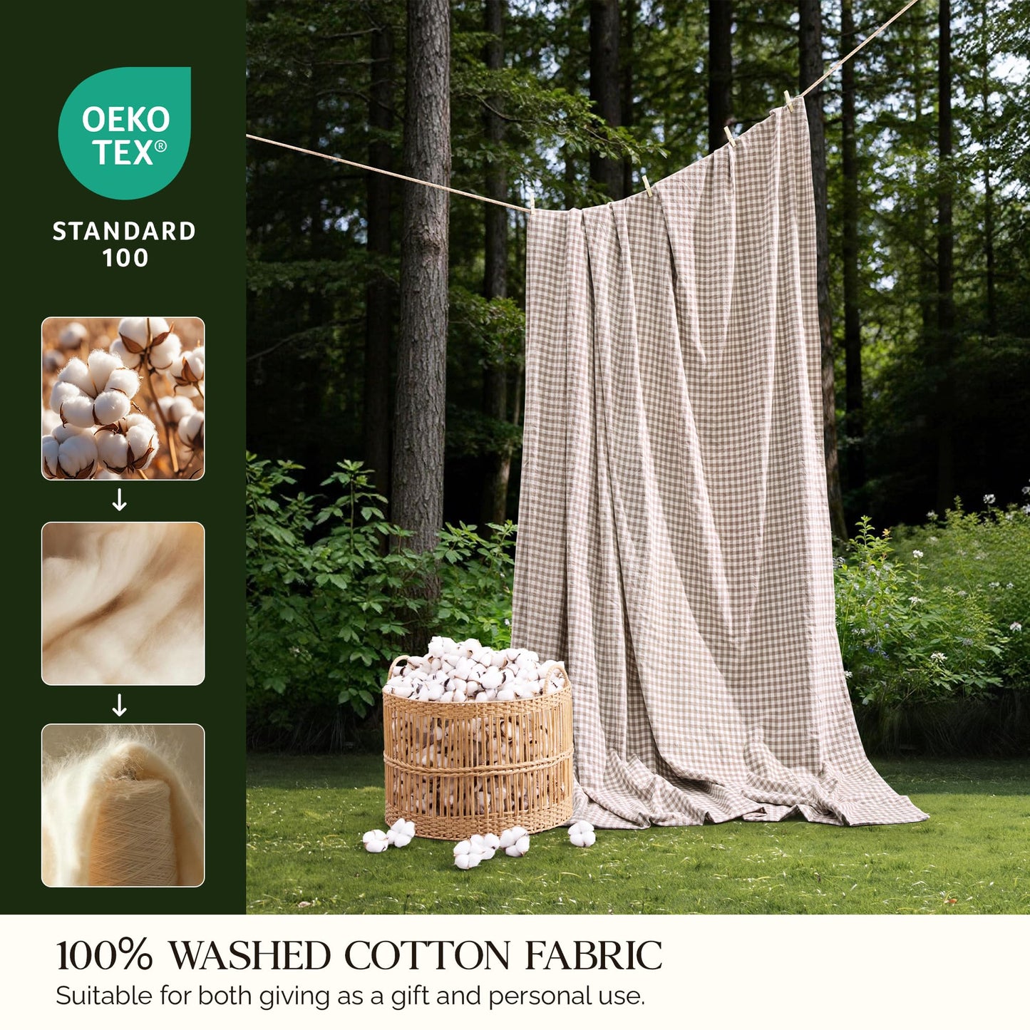 Andency Tan Gingham Duvet Cover King, 100% Wash Cotton Linen Like Textured Breathable Comforter Cover Set, 3 Piece Brown Classic Yarn-Dyed Checkered Plaid Bedding Set, 104"*90"