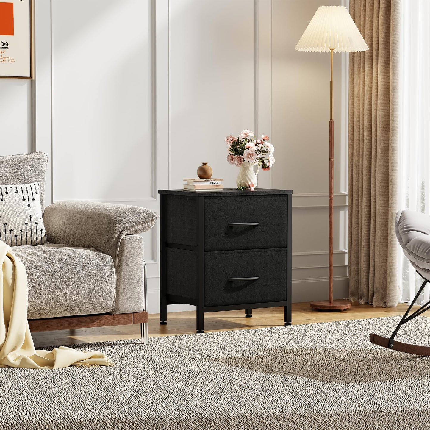 Sweetcrispy Nightstand Small Dresser with 2 Fabric Drawers Side Bedroom End Table Kids Bedside Storage Furniture for 20" Tall Night Stand for Closet, Entryway, College Dorm, Black