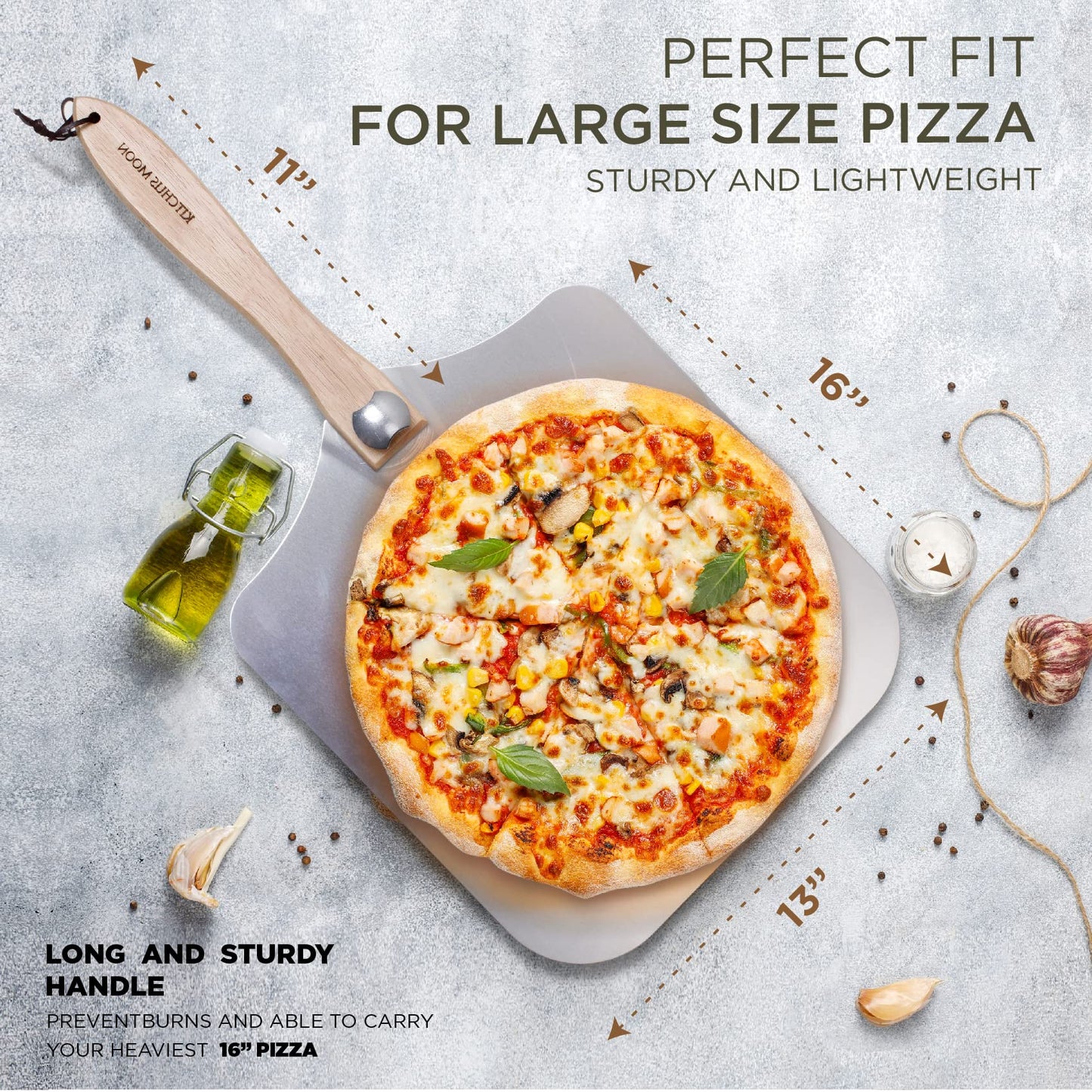 KITCHUS MOON Large Pizza Peel 16 inch - Extra Large Metal Pizza Peel with 14 inch Stainless Steel Pizza Cutter Rocker, Pizza Paddle with Folding Handle (13"x16" with 14" Cutter)