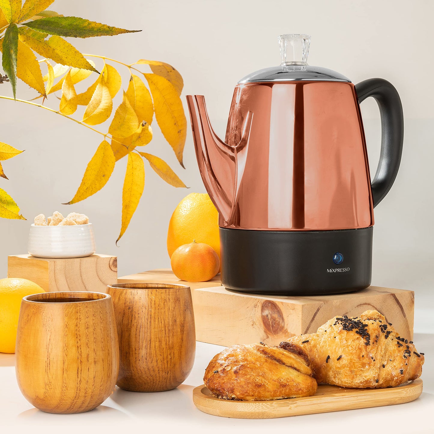 Mixpresso 4 Cup Percolator Coffee Pot Electric, Copper Stainless Steel Coffee Percolator Electric With Keep Warm Function, Classic Perculator Pot With Removable Basket for Home or Office