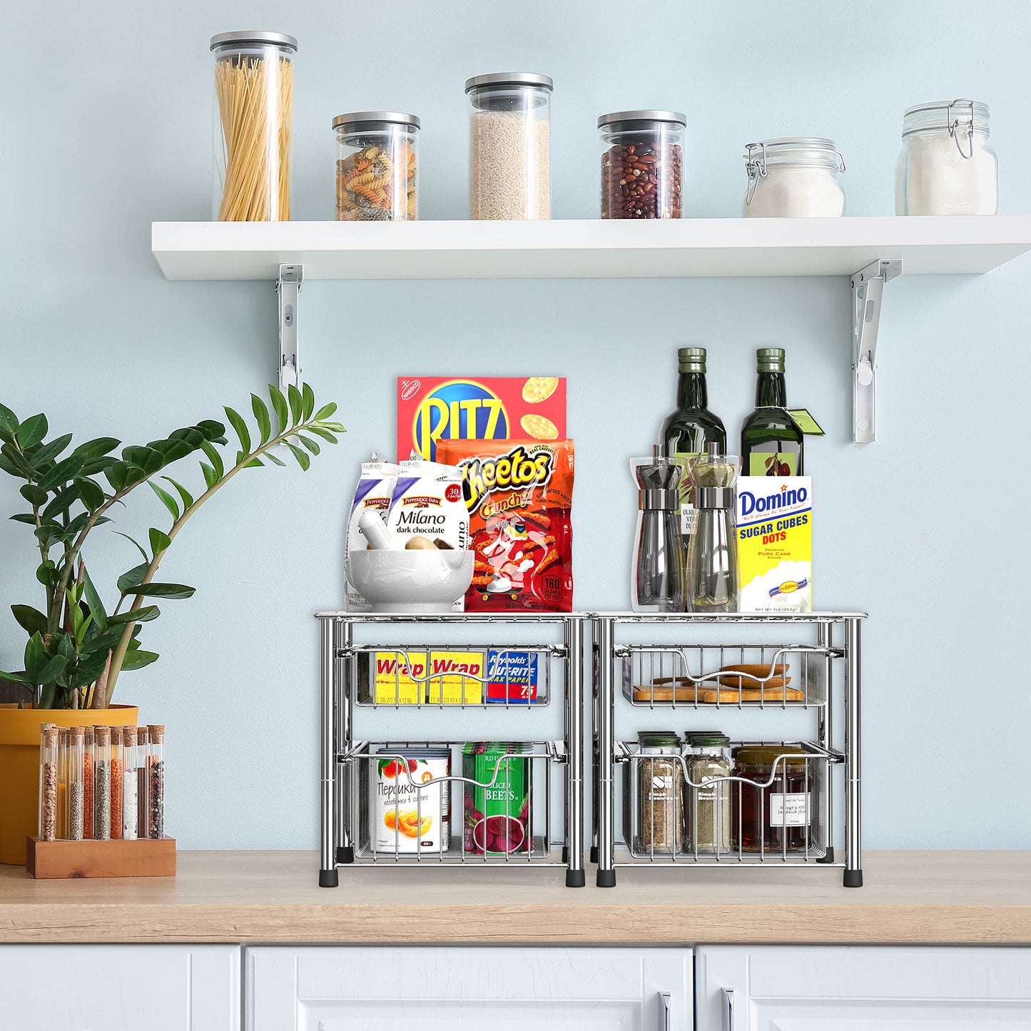 Simple Houseware Stackable 2 Tier Sliding Basket Organizer Drawer, Chrome