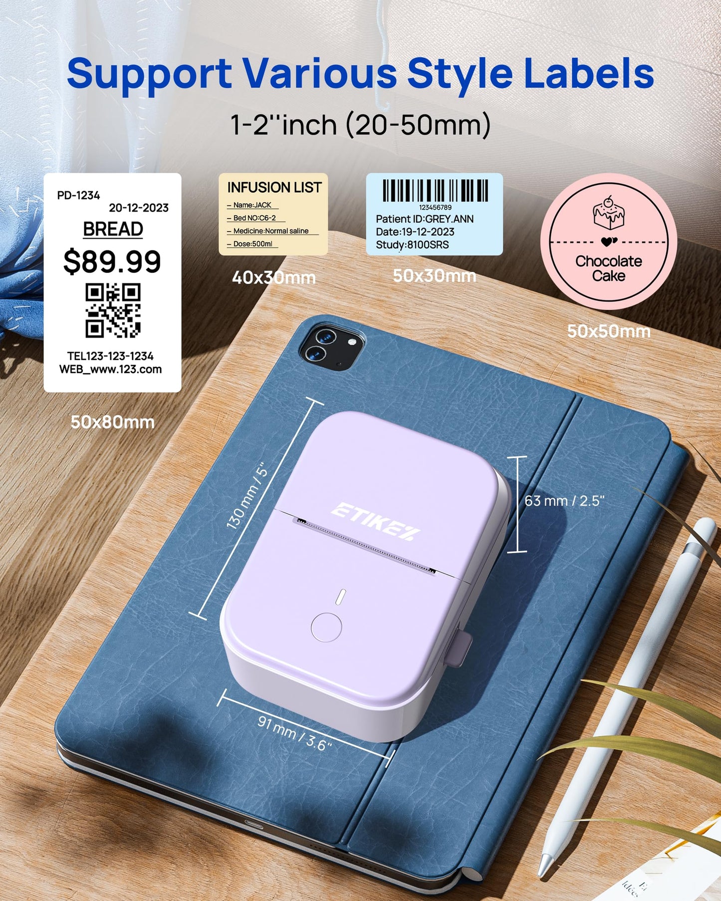 ETIKEZ PM260 Label Maker Machine with Tape, 2 Inch Label Tape Maker Bluetooth Label Printer, Inkless Portable Label Maker for Home, Kitchen, School, Office Organization, Purple
