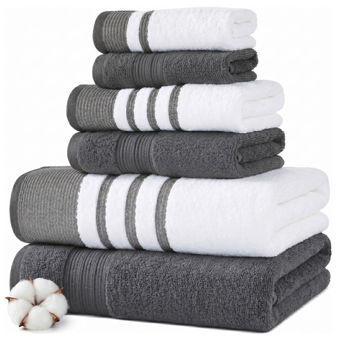Modern Threads 6-Piece Towel Set – 100% Cotton, Quick Dry, Ultra Absorbent – Includes 2 Bath, 2 Hand, 2 Washcloths (White/Reinhart Charcoal)
