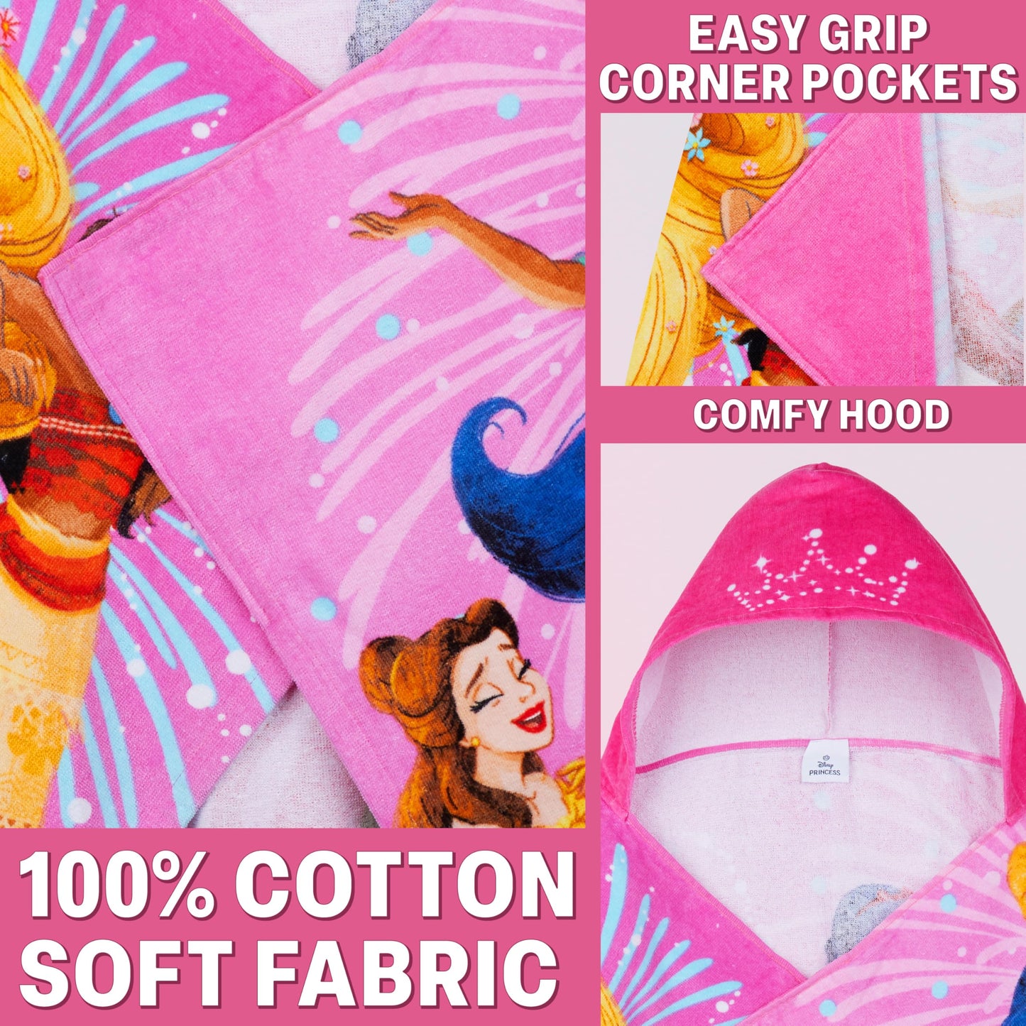 Disney Princess Bath Towels with Hood for Girls, Soft Absorbent Cotton Beach Towel, Swimming Pool Hooded Poncho, Shower Bath Cinderella Moana Rapunzel for Girls Ages 2-6 (Multi Princess)