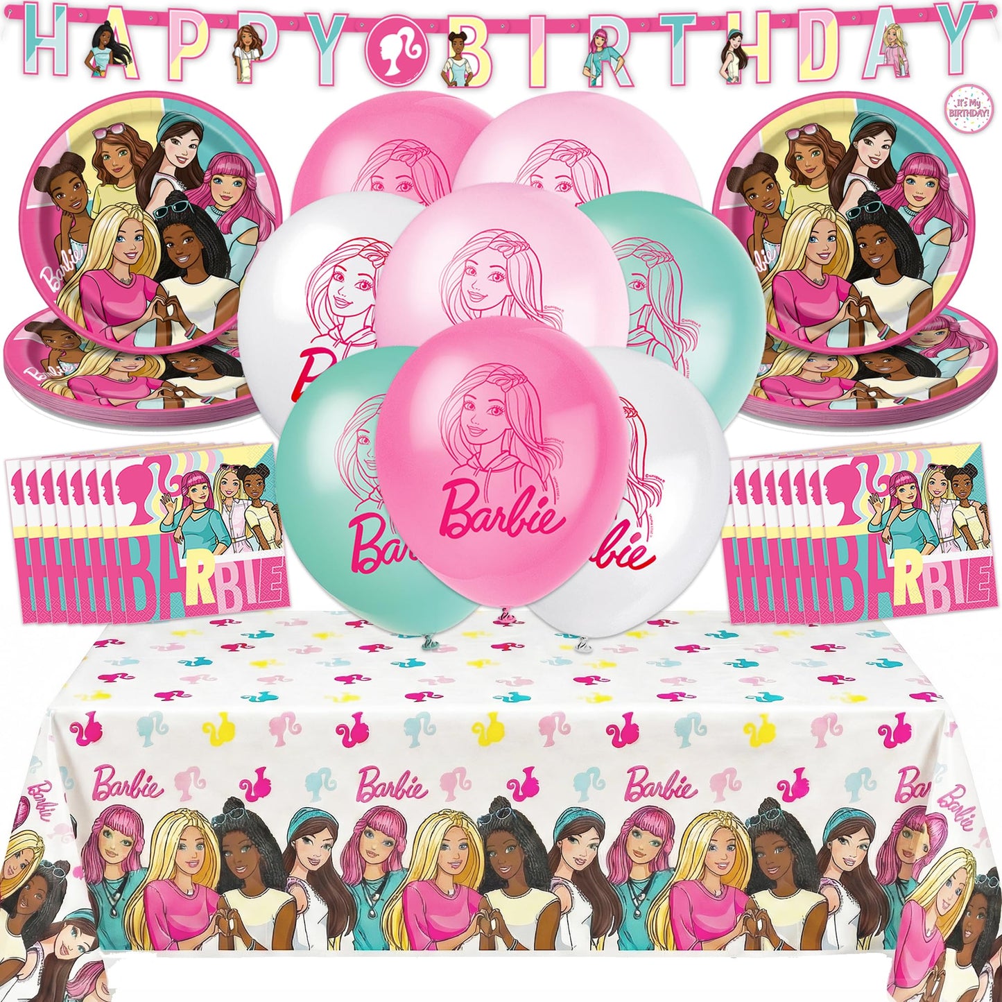 Barbie Birthday Party Decorations for Party | Serves 16 Guests | Balloons, Banner, Tablecloth, Plates, Napkins, Sticker | Officially Licensed