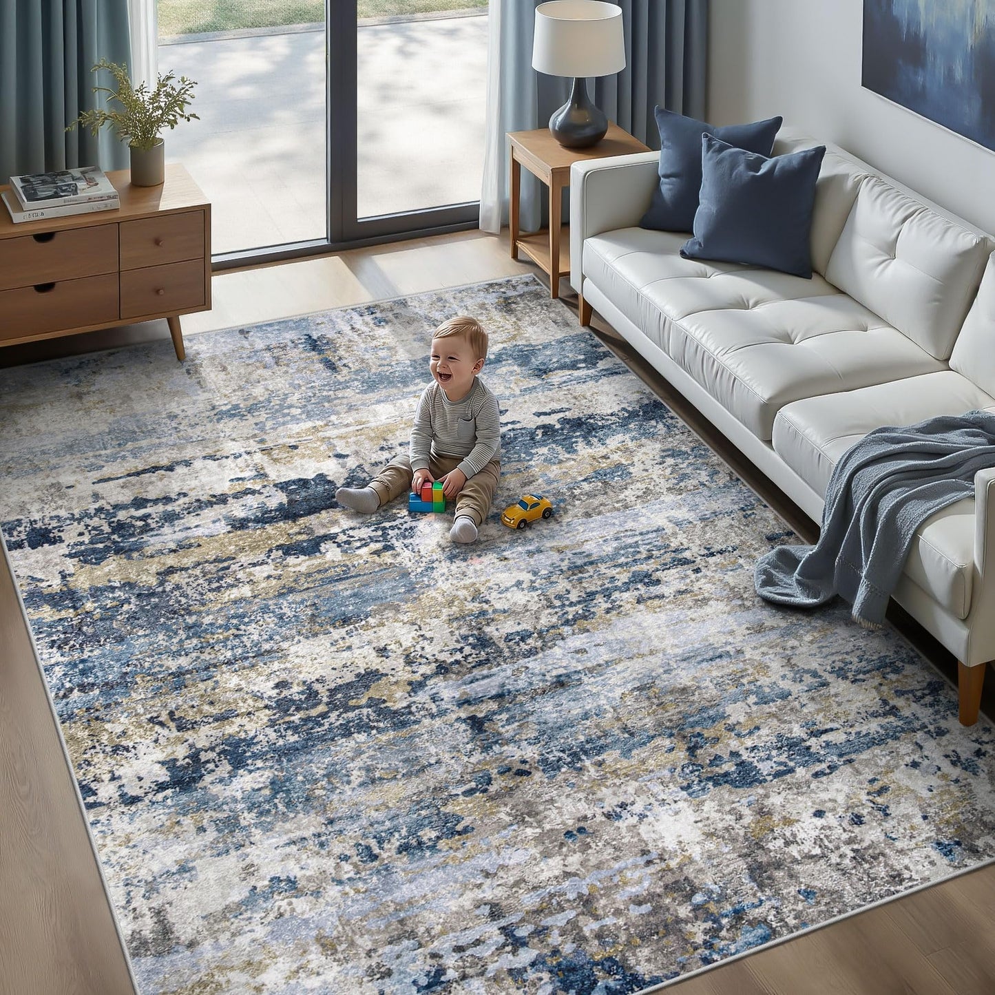pmtsns Area Rugs 5x7 for Living Room: Washable Rug Modern Abstract Neutral Soft Non-Slip Low-Pile Indoor Carpet for Bedroom Dining Room Playroom Home Office (Blue Grey Brown, 5'x7')