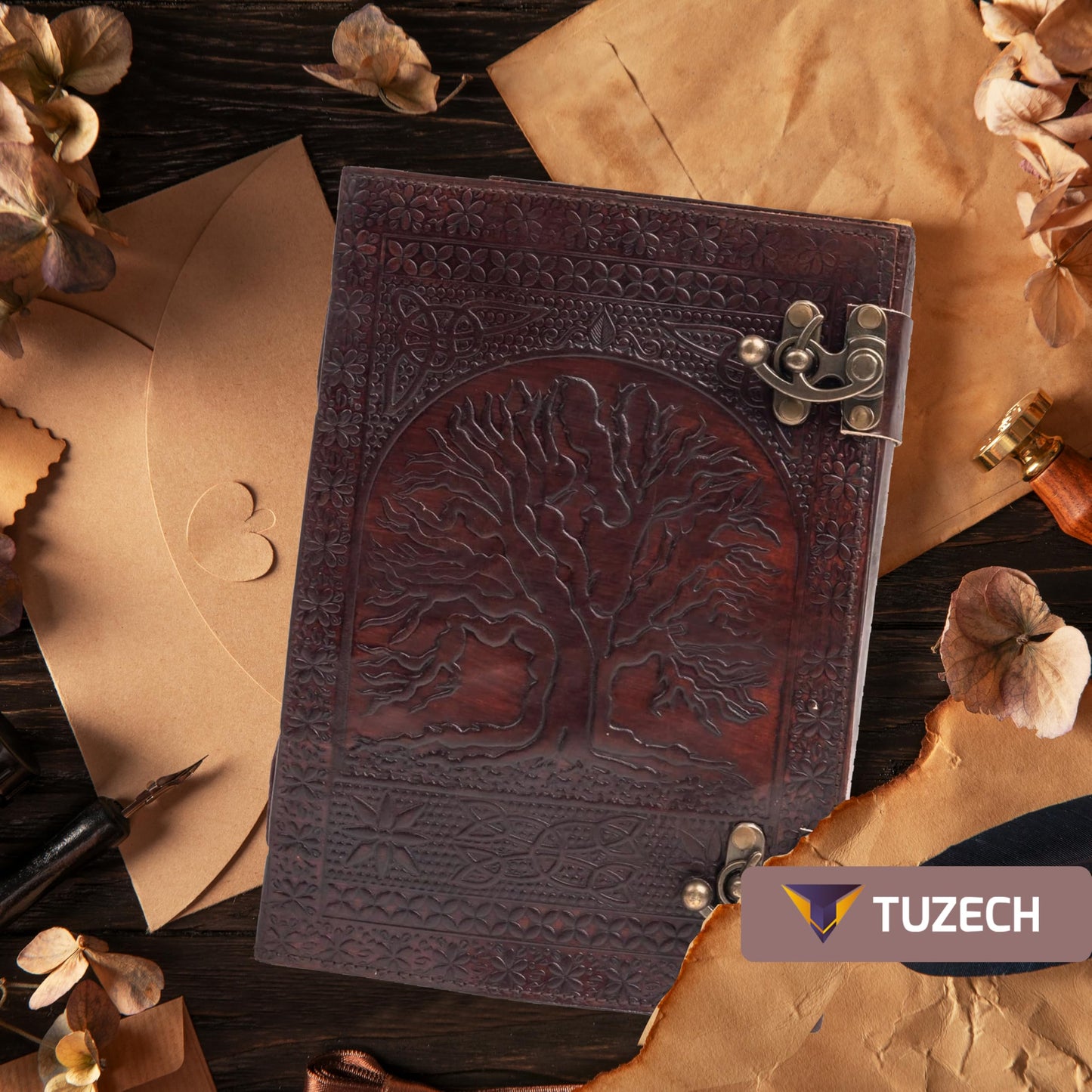 TUZECH 600 Pages Handmade Large Leather Journal Diary Embossed Tree of Life Book Of Shadows Notebook Writing Seven Chakra Grimoire Sketchbook 7 x 10 Leather Bound (Brown)