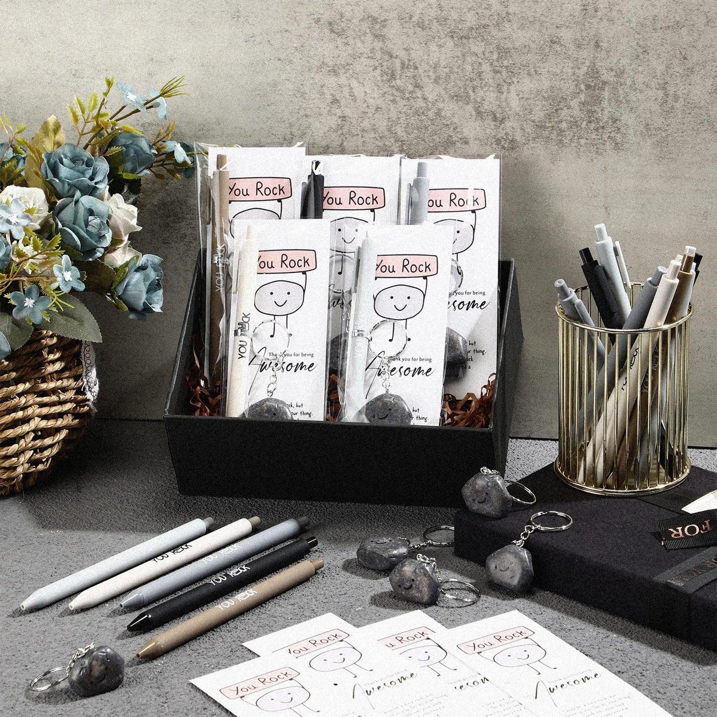 Sayglossy 50 Set Teacher Appreciation Inspirational Gifts Bulk You Rock Gifts Pens Sets Motivational You Rock Ballpoint Pens Keychain Bookmark Office Gift for Team Employee Staff Nurse Appreciation
