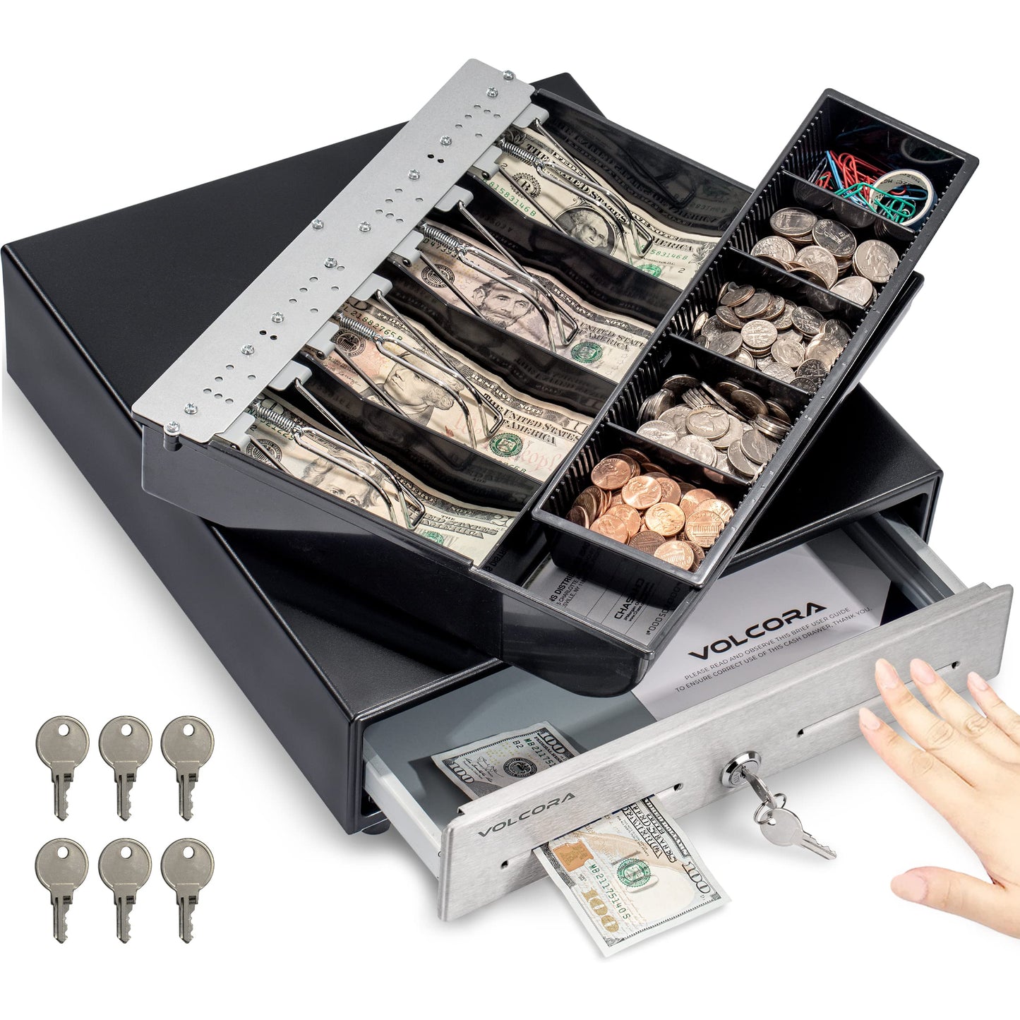 Volcora 13" Manual Push Open Cash Register Drawer for Point of Sale (POS) System - Black with Stainless Steel Front Touch Panel - with 4 Bills and 5 Coin Slots, Fully Removable Money Tray