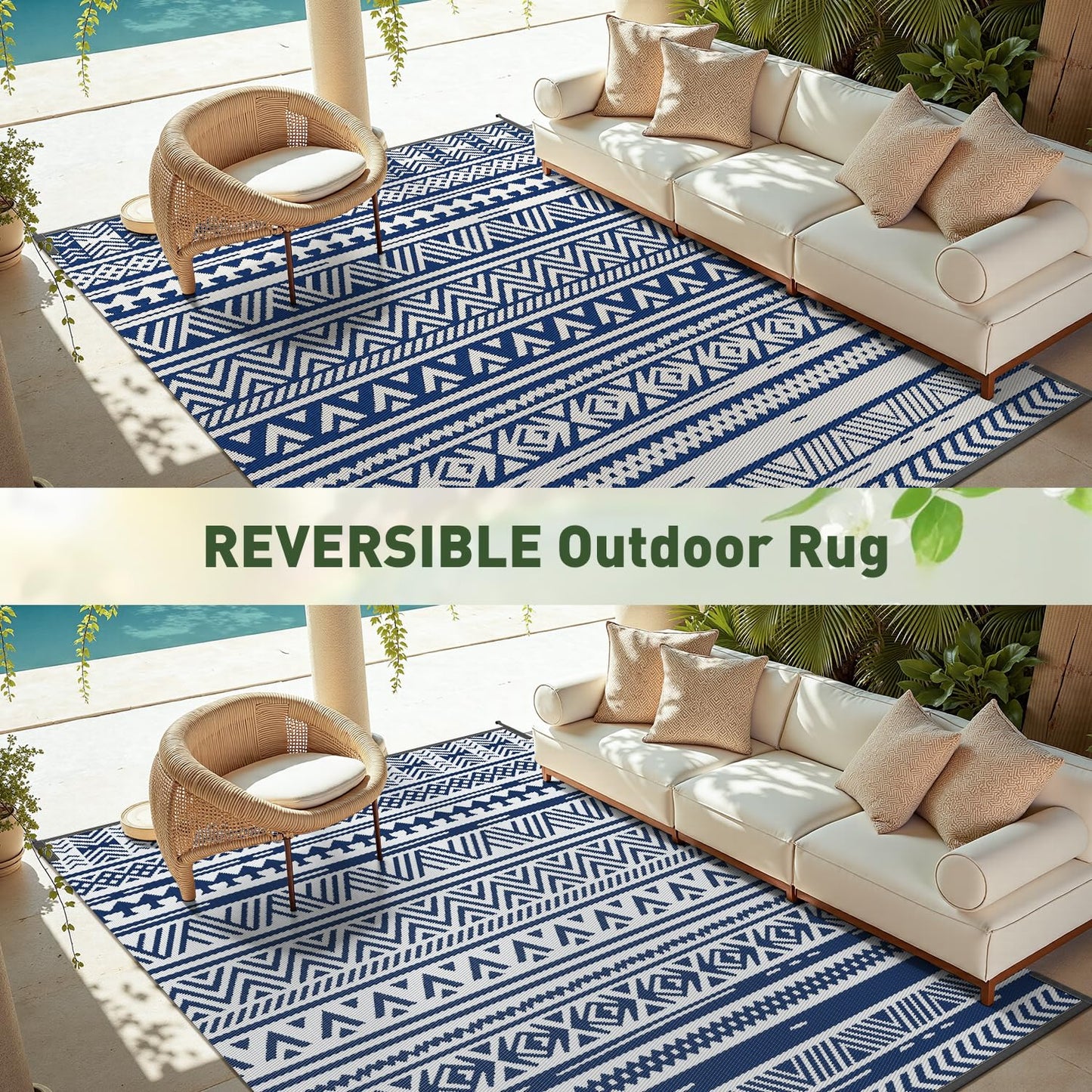 MontVoo-Outdoor Rug Carpet Waterproof 5x8 ft Reversible Patio Rug RV Camping Rug-Plastic Straw Rug Outside Indoor Outdoor Area Rug for Patio Deck Balcony Picnic Beach Outdoor Decor Boho Navy Blue