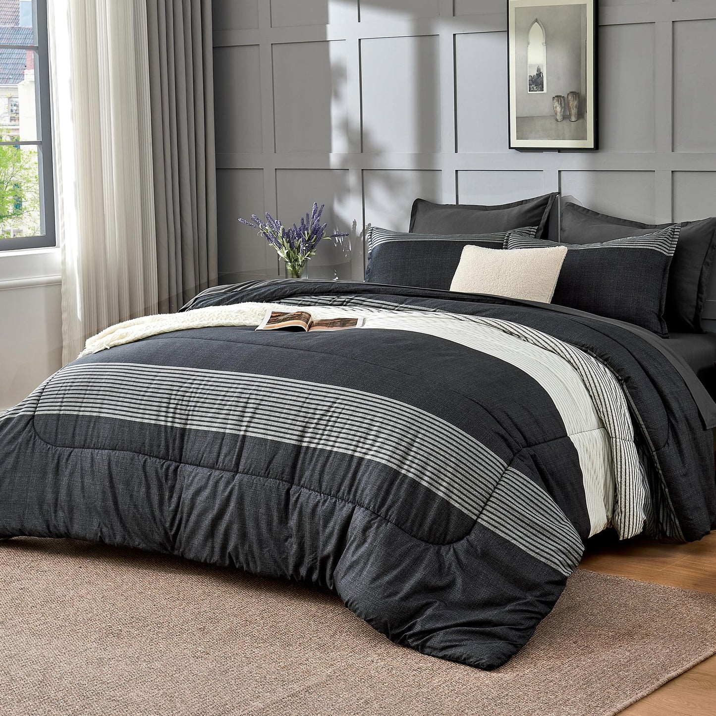 Andency Queen Comforter Set 7 Pieces Bed in a Bag - Black White Grey Striped Lightweight Soft All Season Queen Size Bedding Set with Comforter, Fitted & Flat Sheet, Pillowcases & Shams