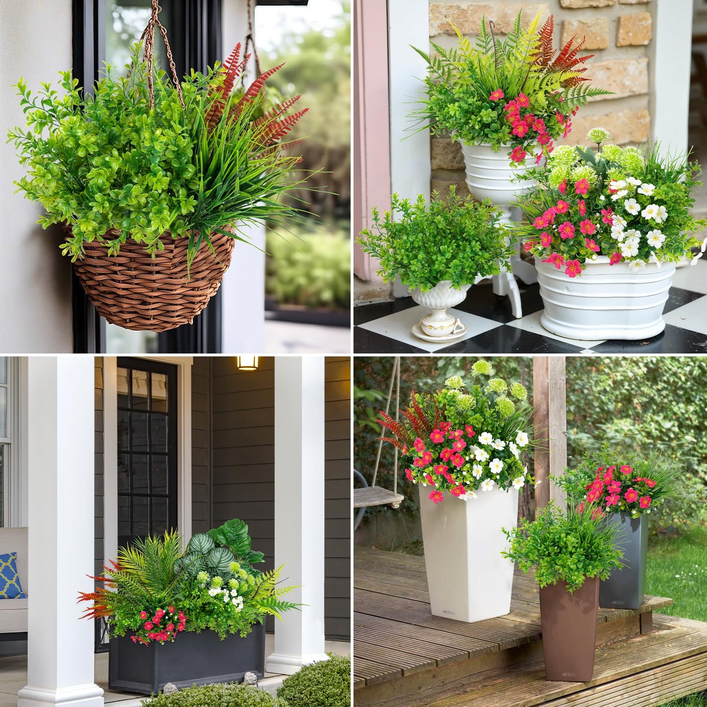 Besteek 20 Pcs Artificial Plants Outdoor Fake UV Resistant Artificial Flowers Greenery Stems Boston Fern Faux Shrubs Plastic Plants for Garden Porch Planter Window Box Home Decor