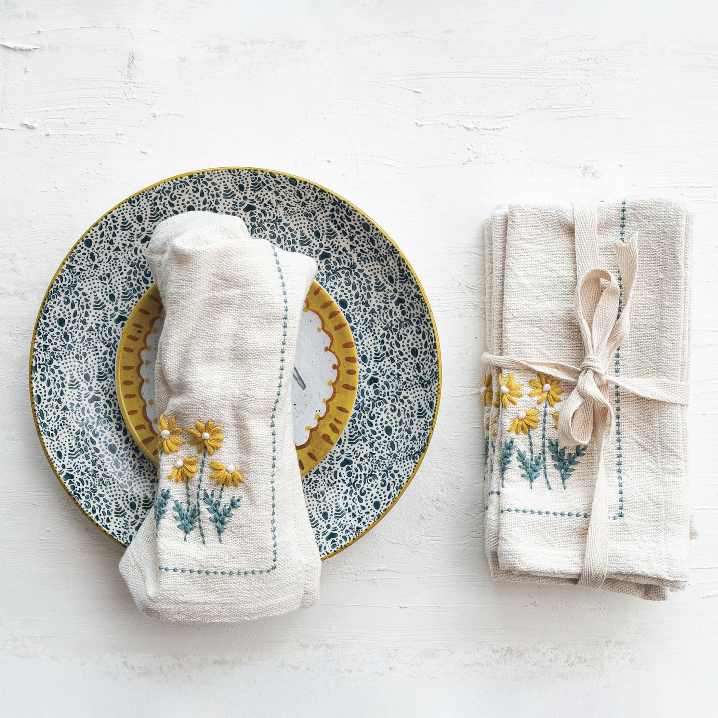 Creative Co-Op Floral Hand-Embroidered Cotton Napkins, Multicolor, Set of 4