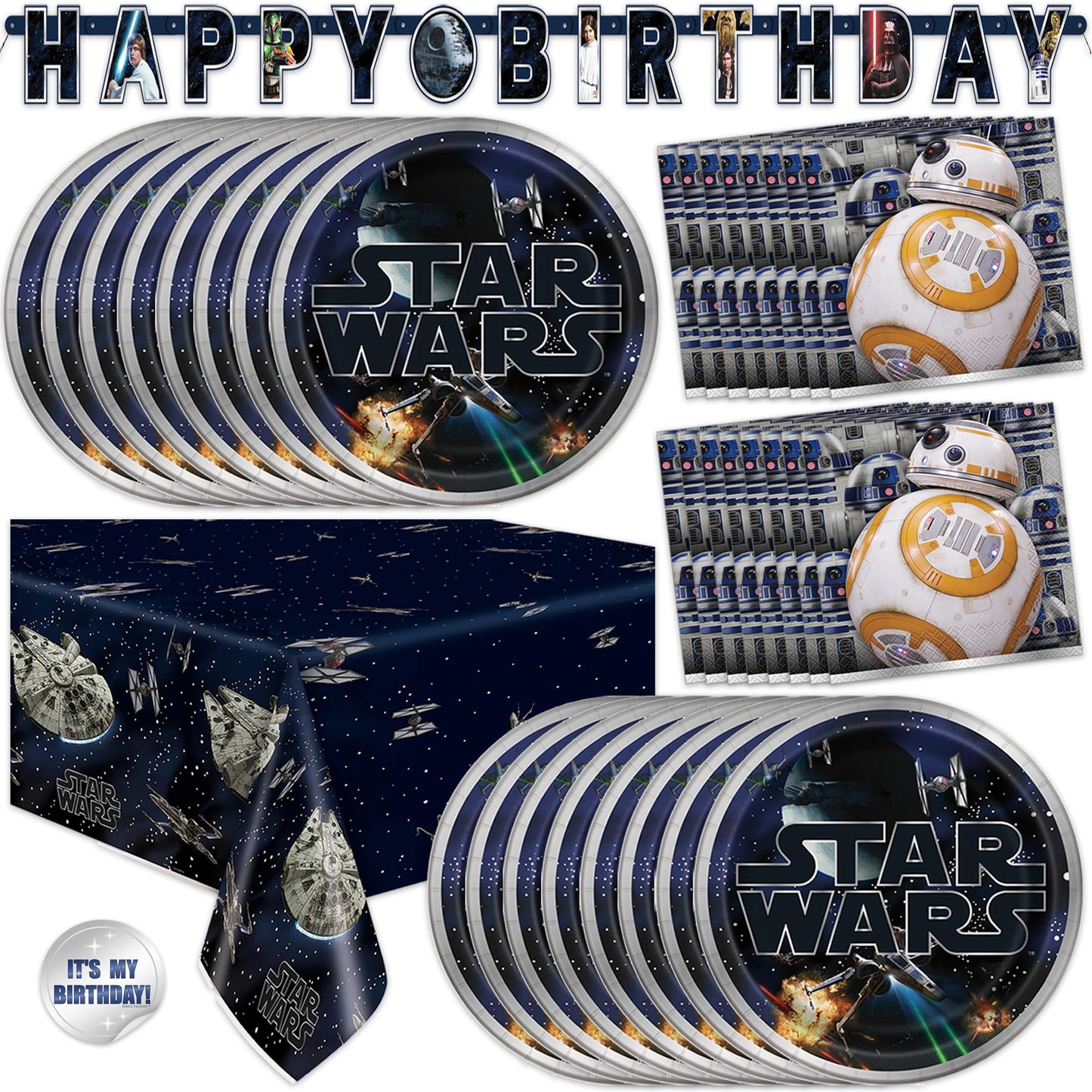 Star Wars Birthday Decorations | Serves 16 | Banner, Tablecloth, Plates, Napkins, Sticker | Star Wars Party Decorations