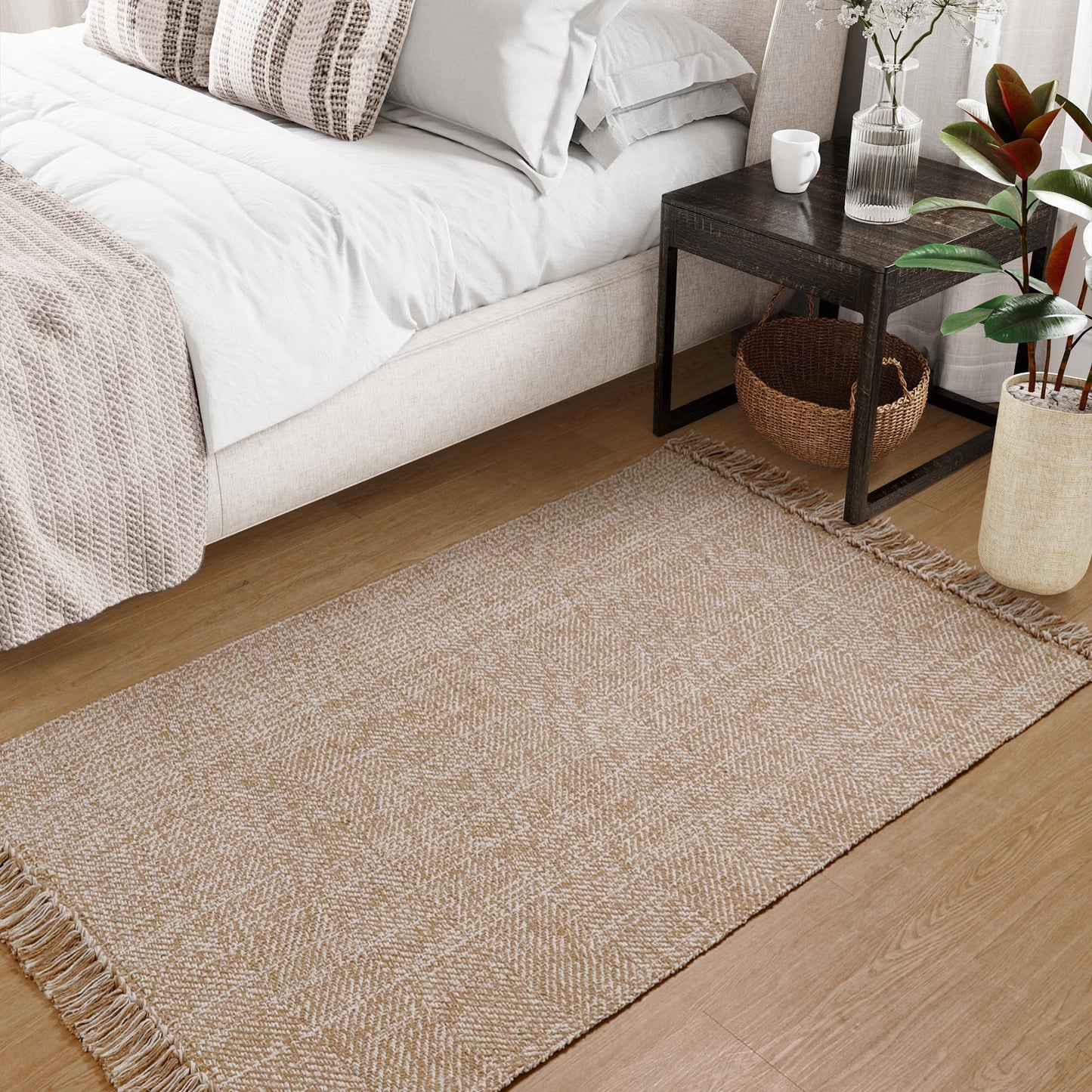 Collive Washable Area Rug 3' x 5', Modern Farmhouse Woven Kitchen Rugs, Tan/Cream Indoor Outddor Mat Braided Throw Carpet for Entryway Bedroom Nursery Laundry Living Room