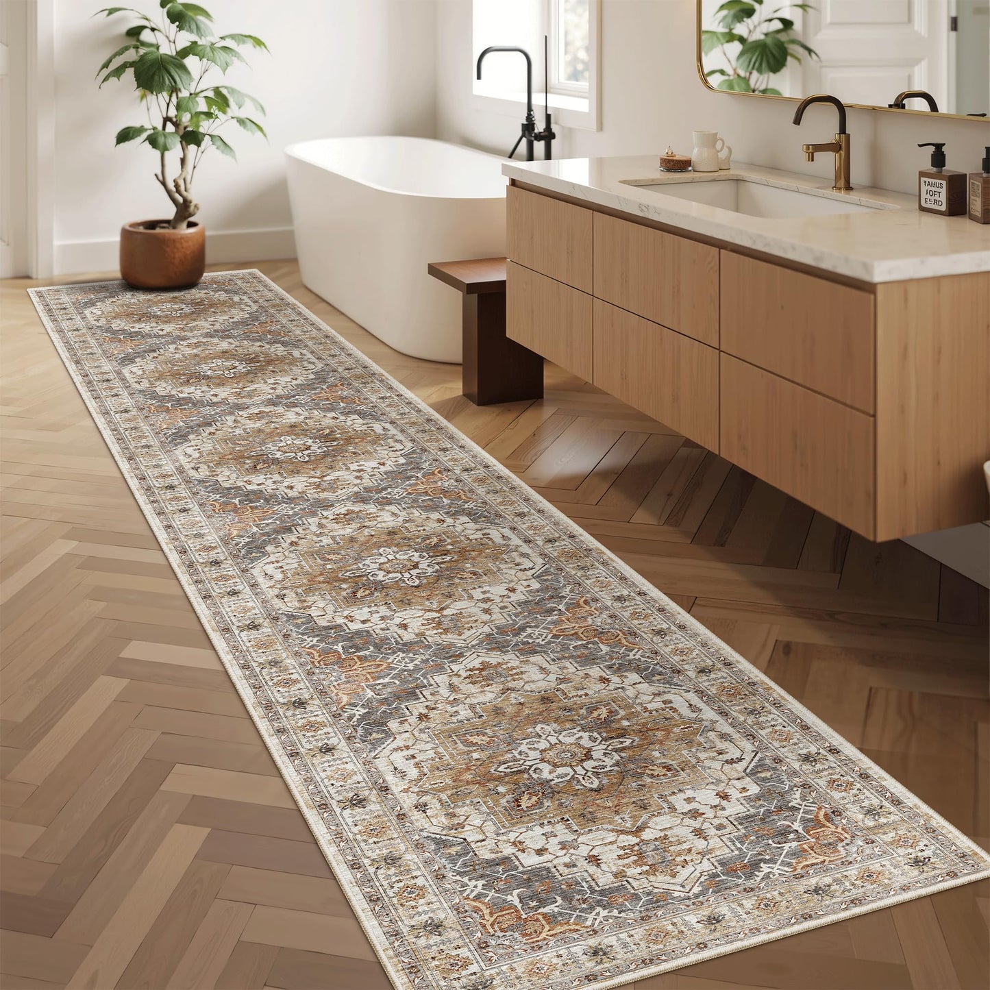 Madane Hallway Runner Rug 2x12, Extra Long Washable Runner Rugs with Rubber Backing, Non Slip Carpet Runner, Vintage Rug Runners for Kitchen Laundry Room Entryway (Turmeric/Grey, 2'x12')