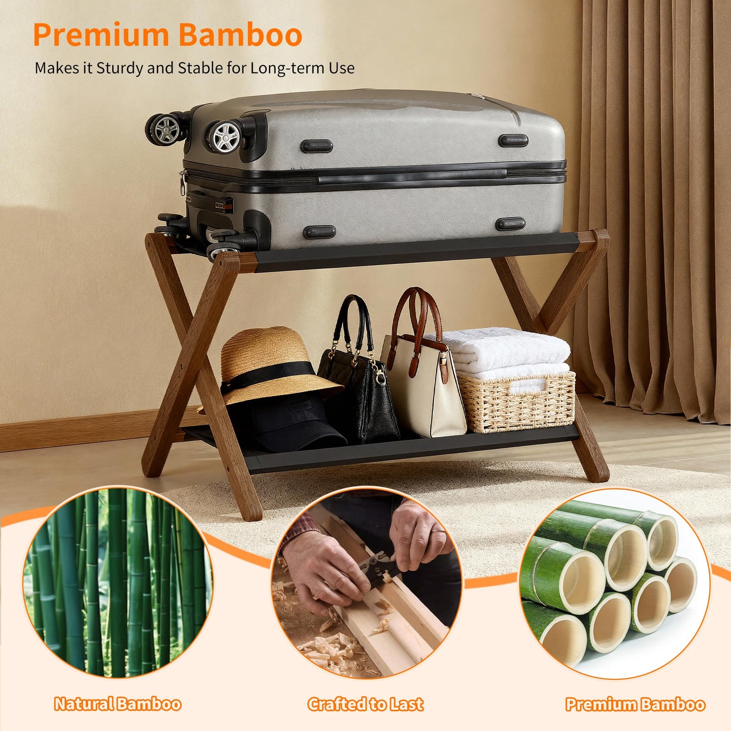 Heybly Luggage Rack, Folding Suitcase Stand with Storage Shelf, Luggage Holder with 5 Nylon Straps for Guest Room Bedroom Hotel, Walnut, HLR010WB1