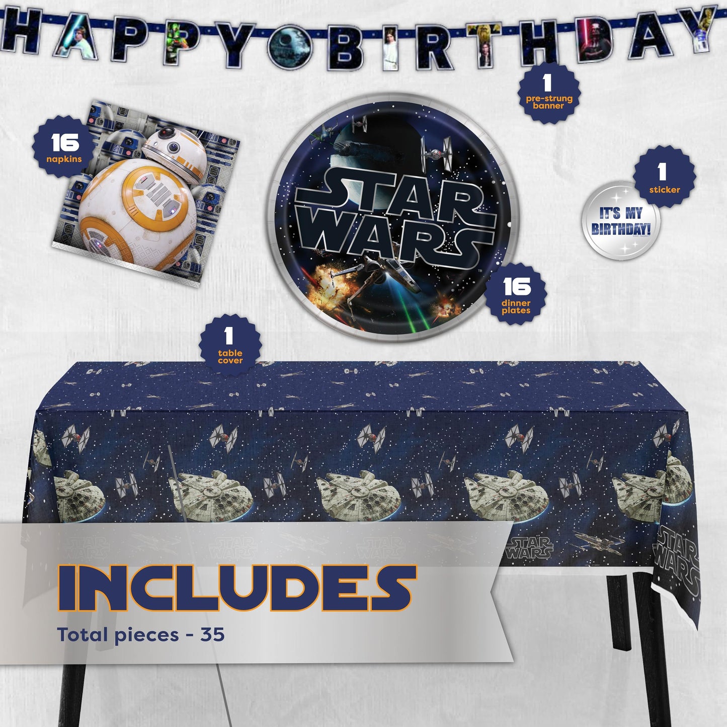 Star Wars Birthday Decorations | Serves 16 | Banner, Tablecloth, Plates, Napkins, Sticker | Star Wars Party Decorations