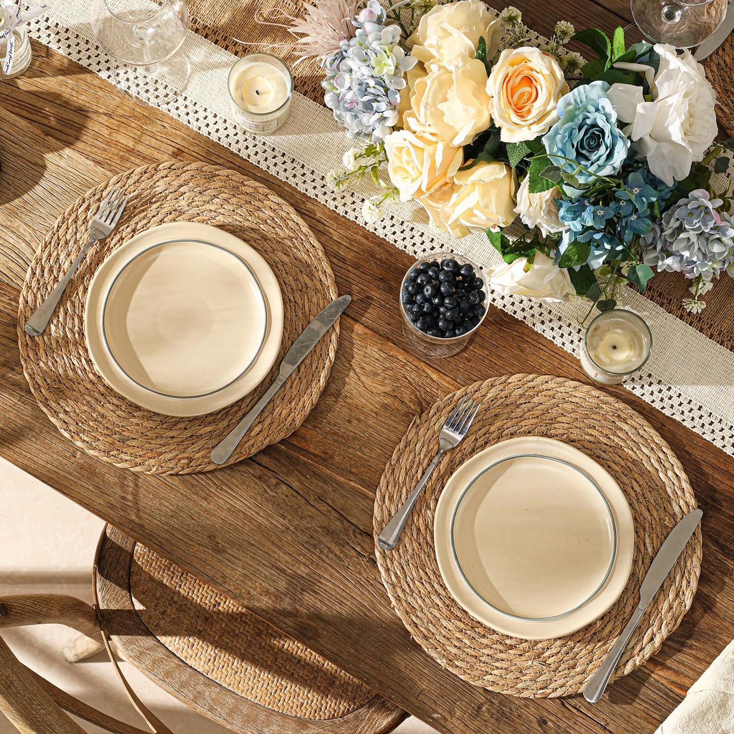 13.8'' Round Woven Placemats Set of 12, Boho Rattan Chargers for Dinner Plates, Rustic Wicker Place Mats, Straw Braided Table Placemats, for Dining Table Decor, Wedding, Farmhouse and Home Decor