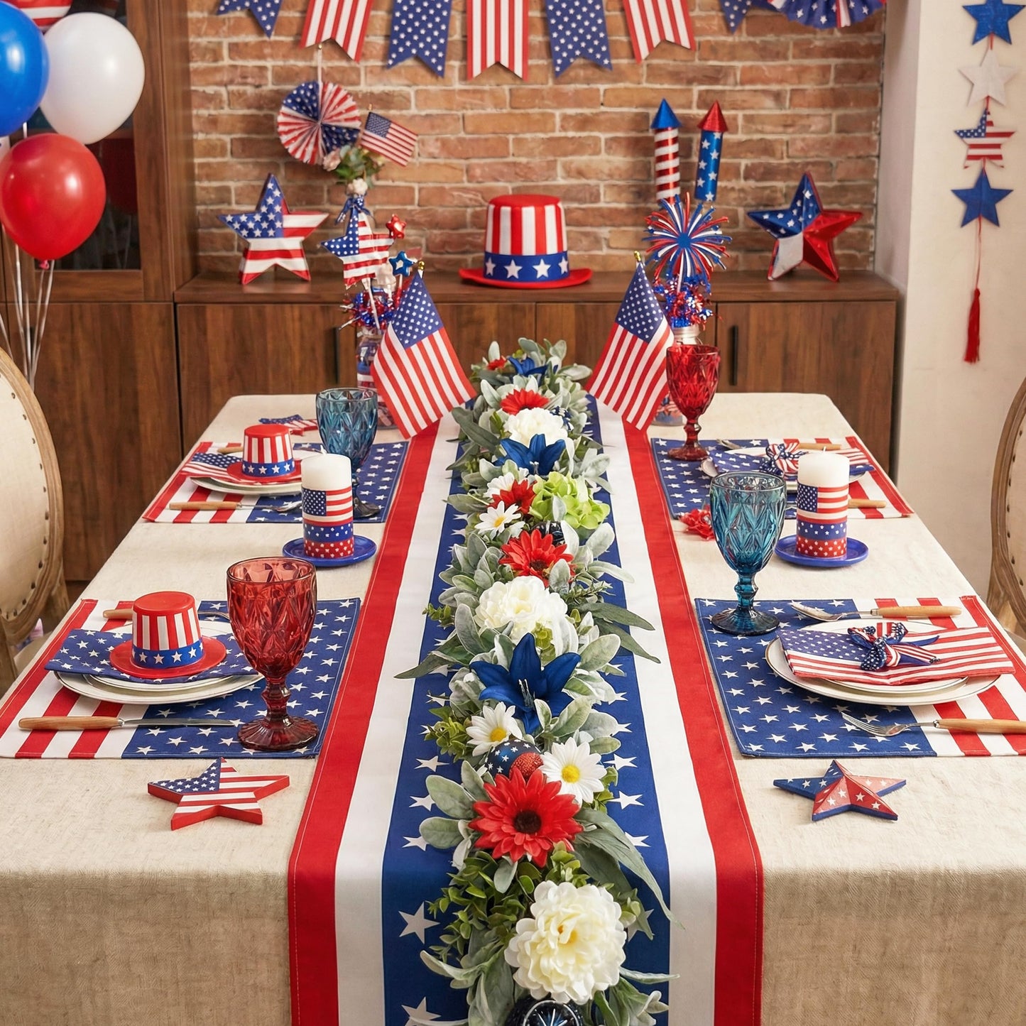 Valery Madelyn 6FT 4th of July Garland with Lights for Mantle, Red White Blue Patriotic Floral Garland Memorial Day Decorations with Ball Ornaments for USA 250th Anniversary Summer
