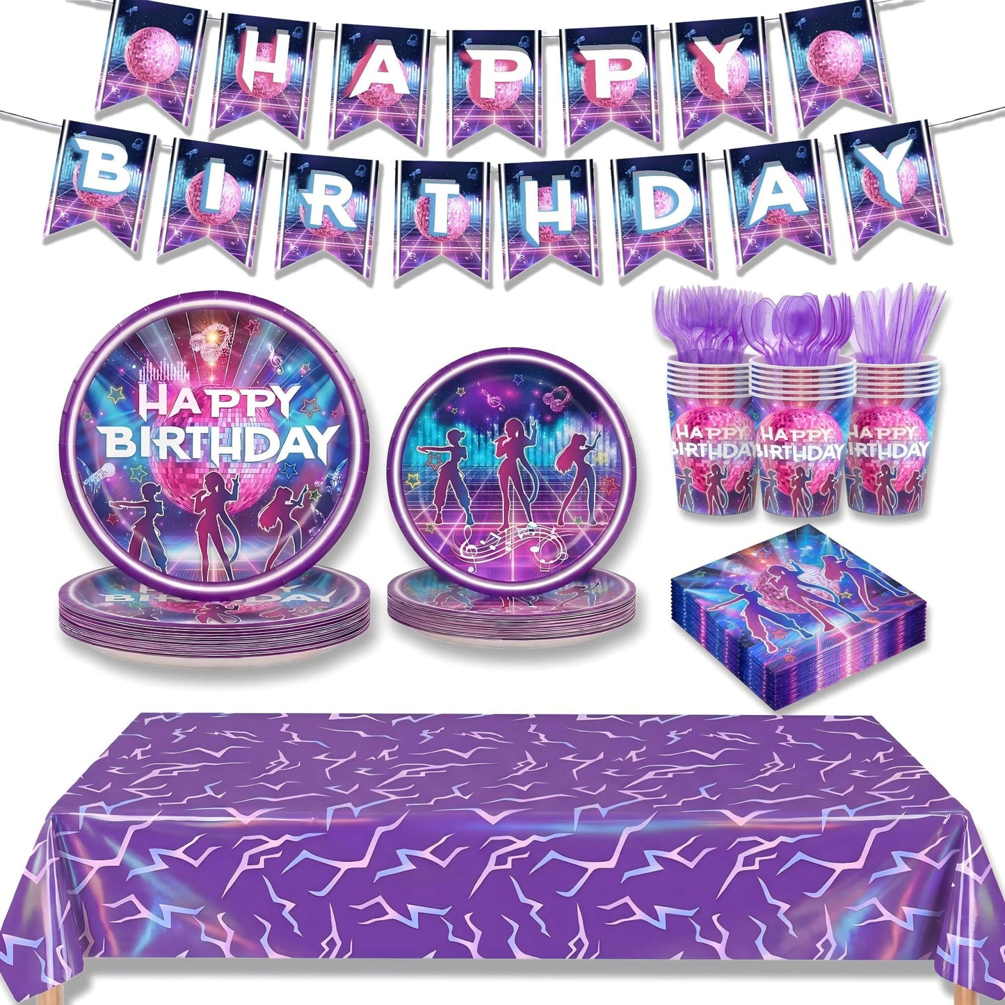 170 Pcs Birthday Party Supplies for 24 Guests, KPop Inspired Disco Dance Music Theme Party Decorations with Banner, Plates, Napkins, Cups, Tablecloth & Cutlery