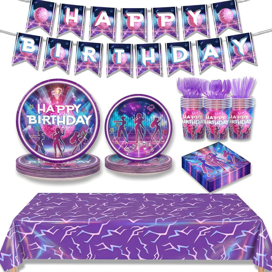170 Pcs Birthday Party Supplies for 24 Guests, KPop Inspired Disco Dance Music Theme Party Decorations with Banner, Plates, Napkins, Cups, Tablecloth & Cutlery