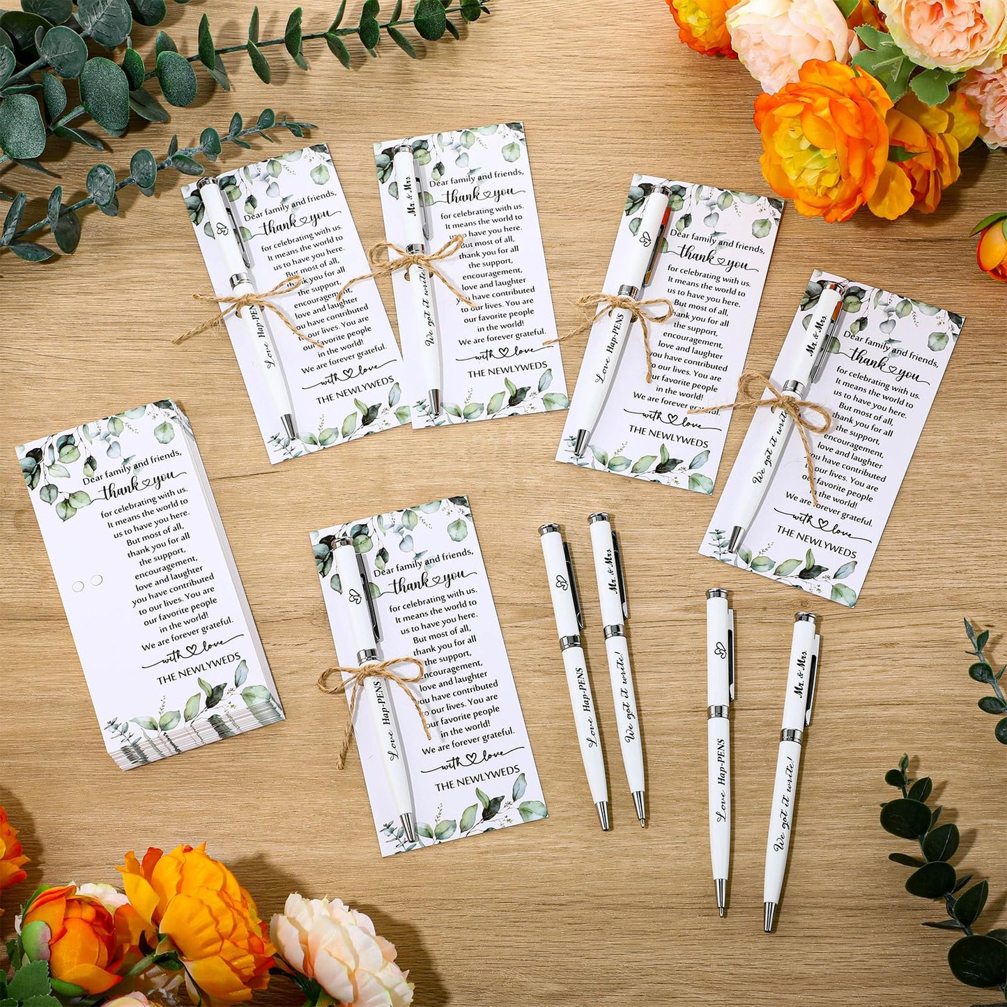 Affrolling 100 Sets Wedding Favors for Guests Bulk Retractable Ballpoint Pen Thank You Cards with Hemp Rope Bridal Shower Gift for Guest Wedding Souvenirs Newlyweds Party Supplies
