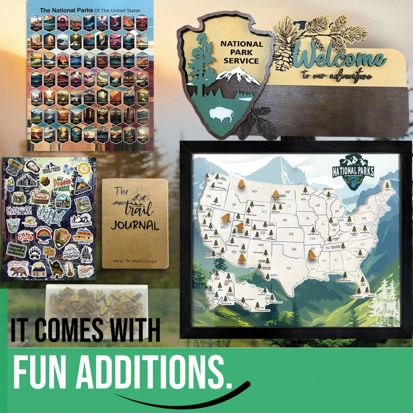 flinelife National Parks Map With Wooden Pine Tree Pins, 13X11, National Park Bucket List Cork Map, Perfect for National Parks Lovers, Hiker, Couples and Families Gift