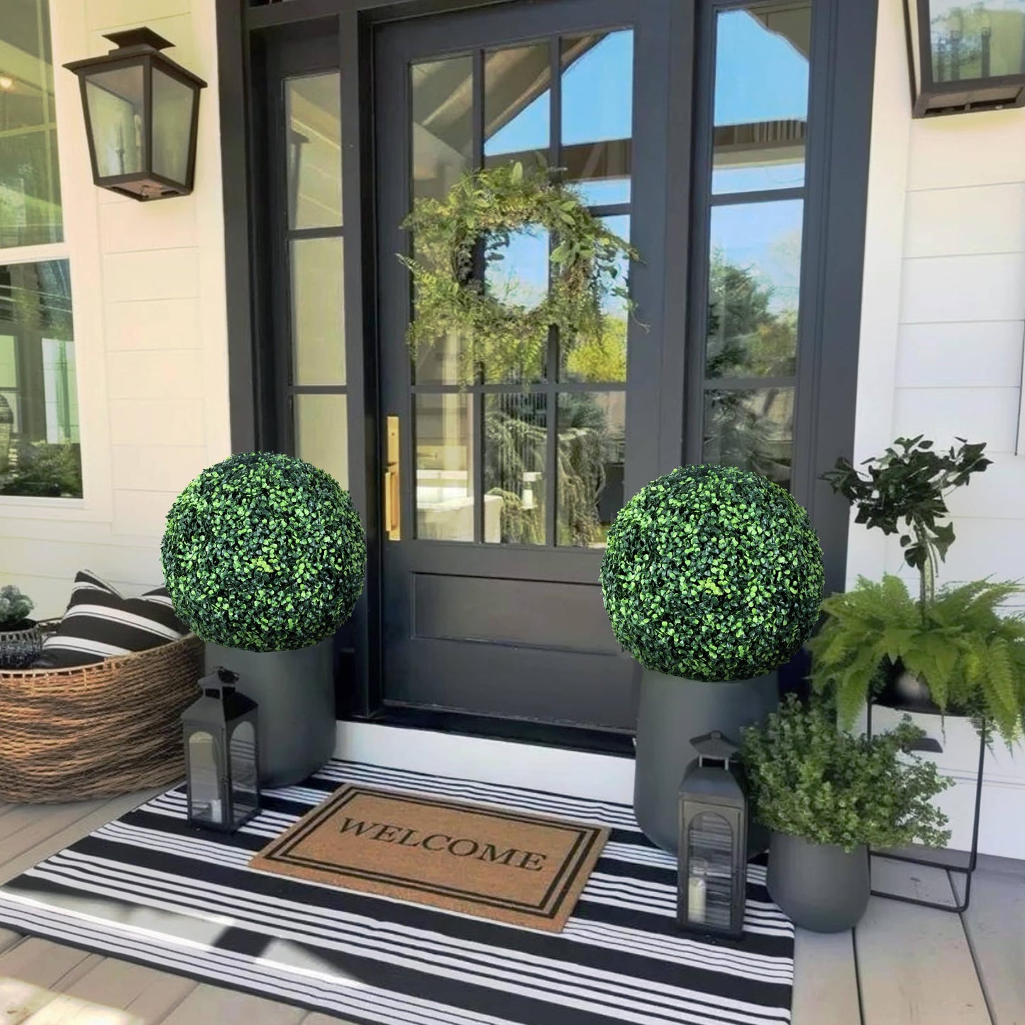 Decwin 15 Inch 2 Packs Artificial Boxwood Balls Topiary Balls, 4 Layers of UV-Resistant Greenery Balls Indoor Outdoor Garden, Backyard, Patio, Front Door – Assembly Required