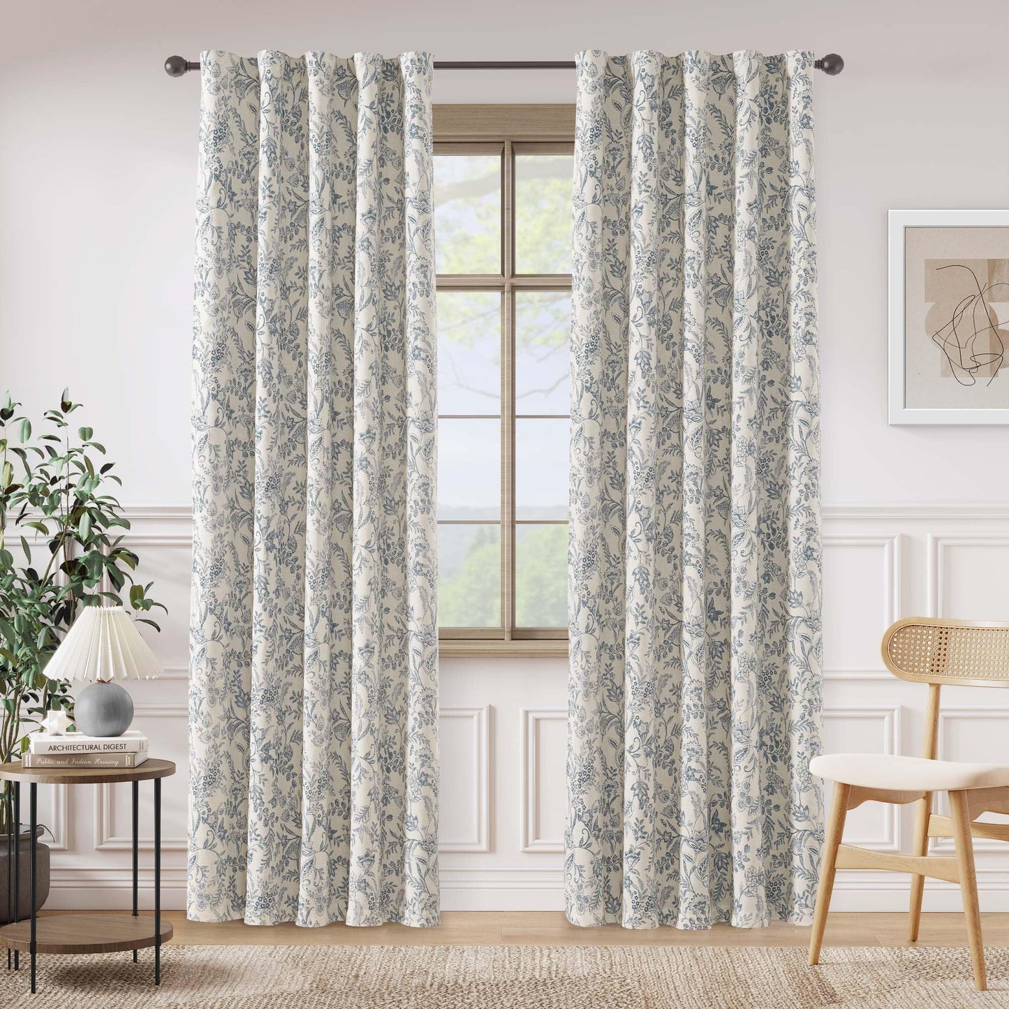 Lazzzy Blue Floral Lined Curtains Farmhouse Linen 84 Inches Length Back Tab Drapes for Living Room Bedroom Flower Patterned Country Vintage 2 Panels Set Rod Pocket Blue on Beige