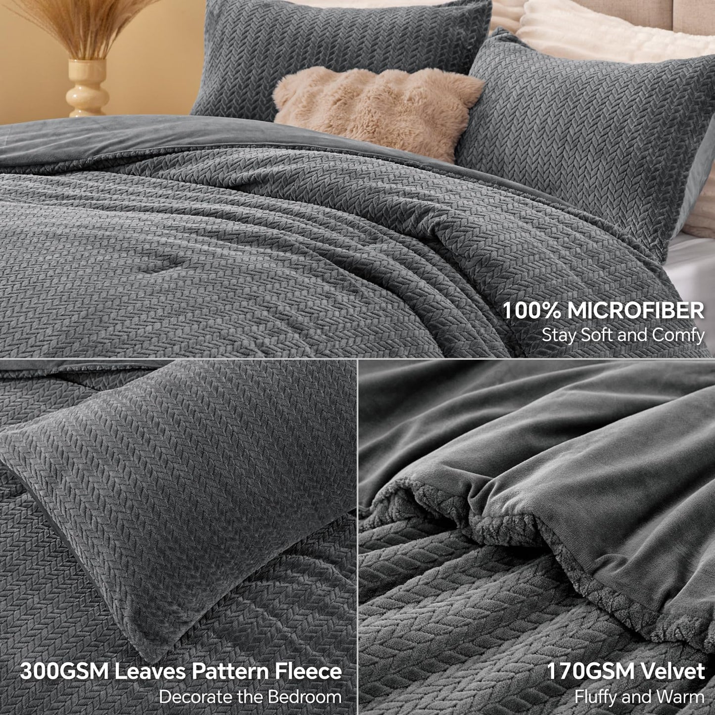 ChiXpace Flannel Fleece Queen Comforter Set - Ultra Soft Furry Grey Leaves Pattern Faux Fur Bed Set, Winter Fuzzy Fluffy Comfort Set, Velvet Bedding Set for Bed with 2 Pillow Cases
