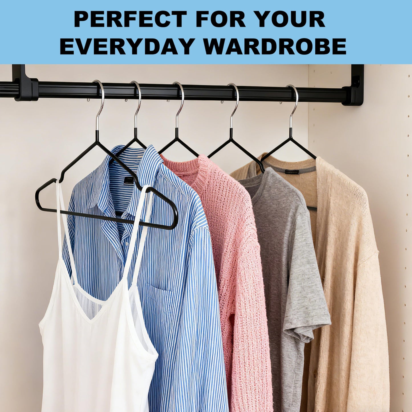 Quality 16-Inch ClosetMax Metal Non-Slip Hangers – 50-Pack – Thin 3.6MM Space Saving with PVC Rubber Coating, Anti-Rust, Chrome Hook – for Everyday Lightweight Clothing (50, Black, 16 Inch)